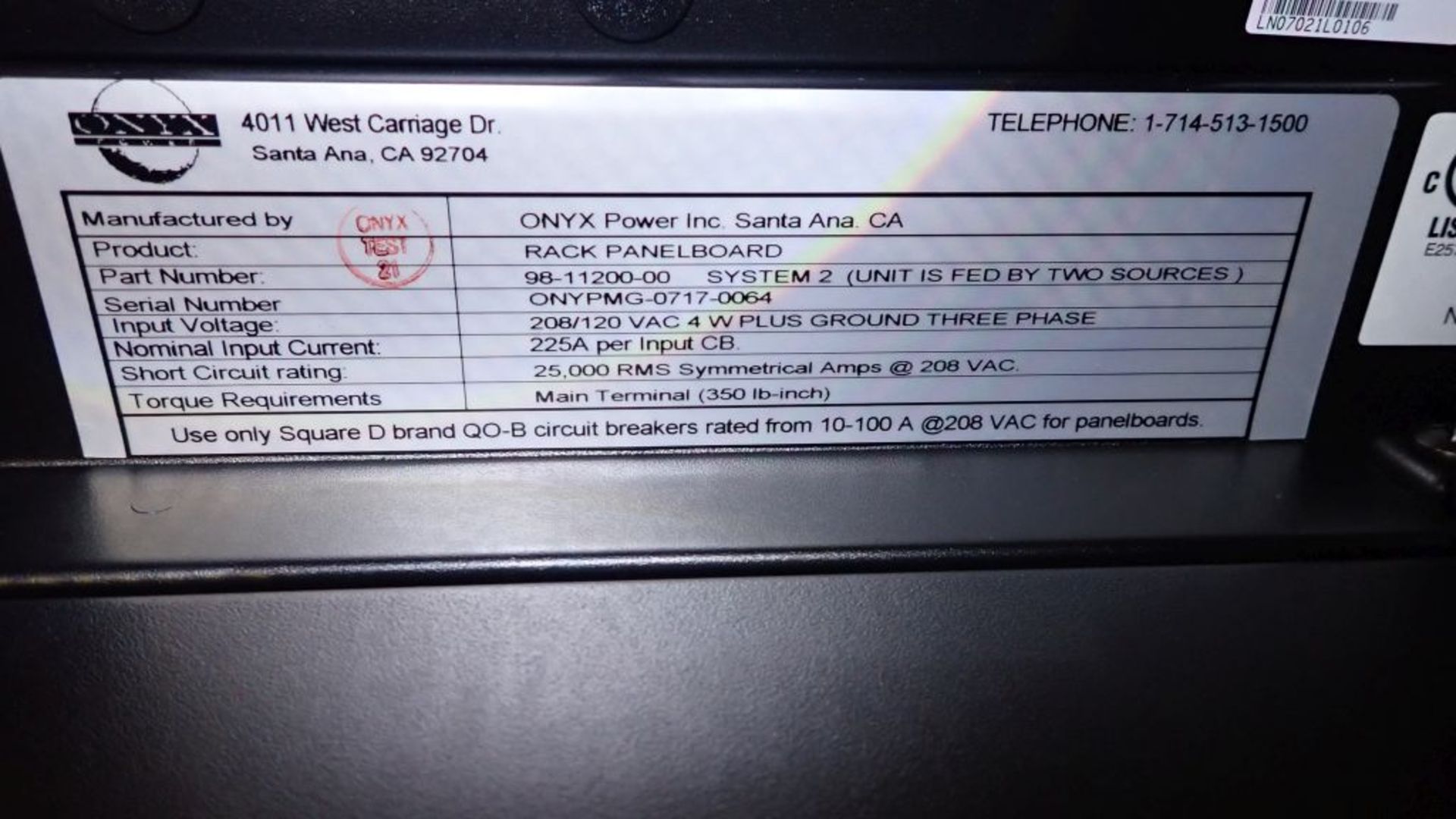 Onyx Power Rack Panelboard | Part No. 98-112-00-00; System 2; Input: 208/120 VAC; 4-Wire Plus Ground - Image 4 of 14
