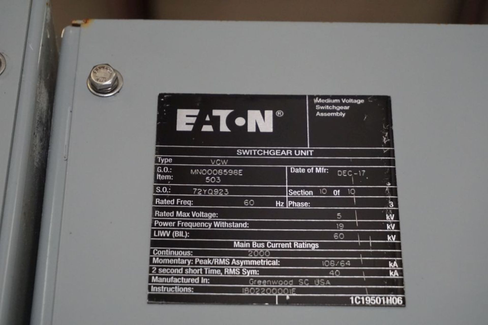 2017 Eaton Medium Voltage Switchgear Unit | Model No. 1C19501H06; 1-Section; Type: VCW; 2000 Bus; - Image 5 of 12