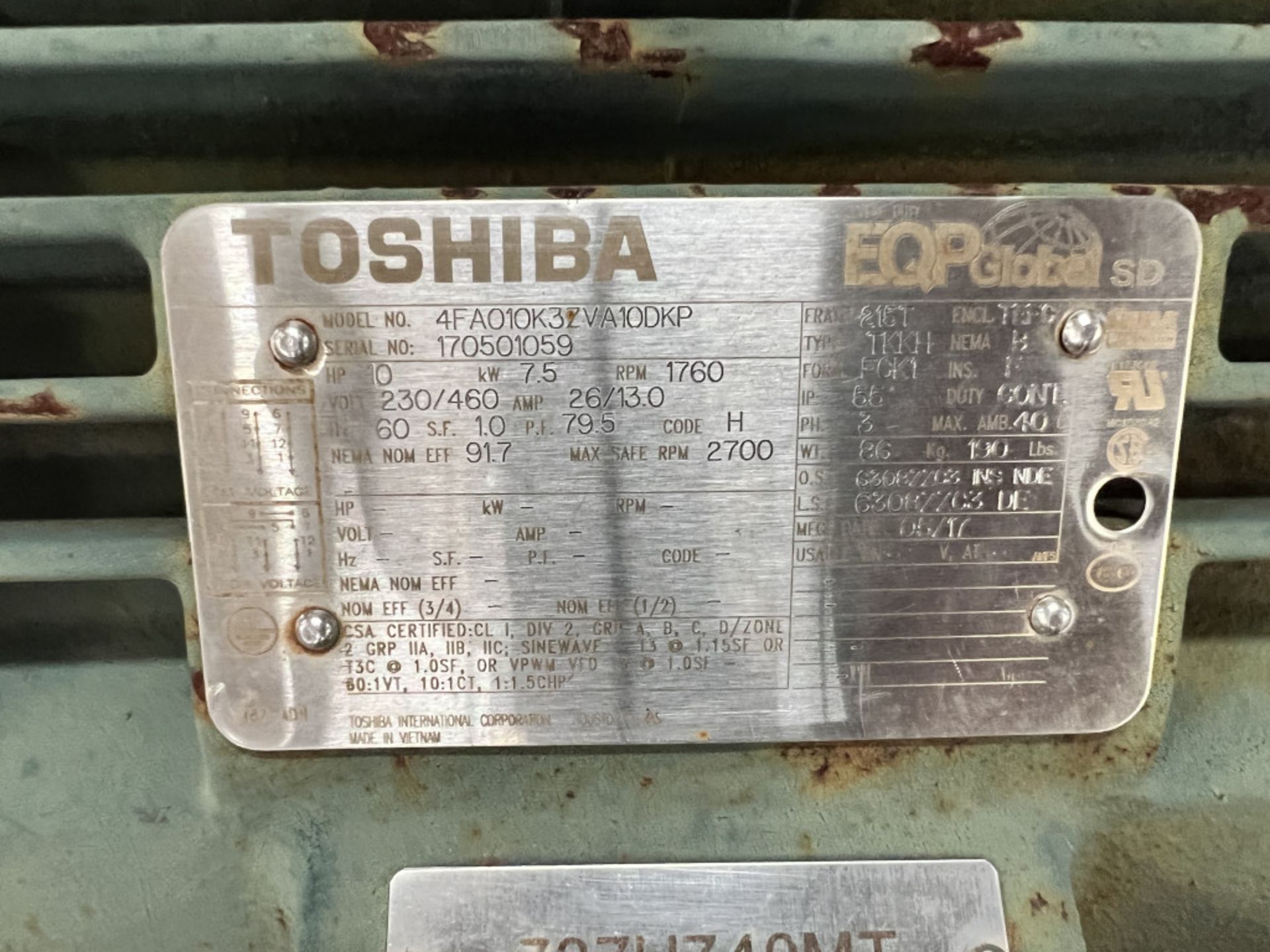 Lot of (2) Toshiba 10 HP Motors | Model No. 4FA010K32VA10DKP; 10 HP; 230/460V; 1760 RPM; Tag: - Image 5 of 5