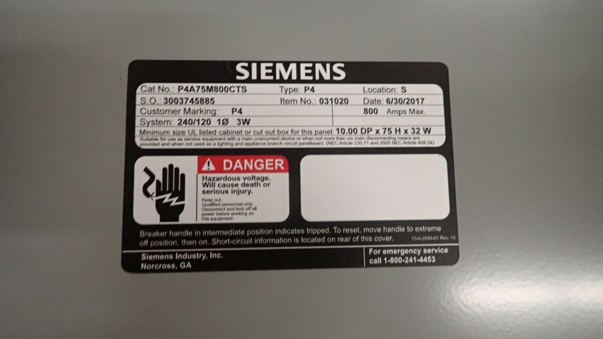 Siemens Power Panel | Cat No. P4A75M800CTS; 800A Max; 3-Wire; 1PH; Tag: 245631 - Image 7 of 18