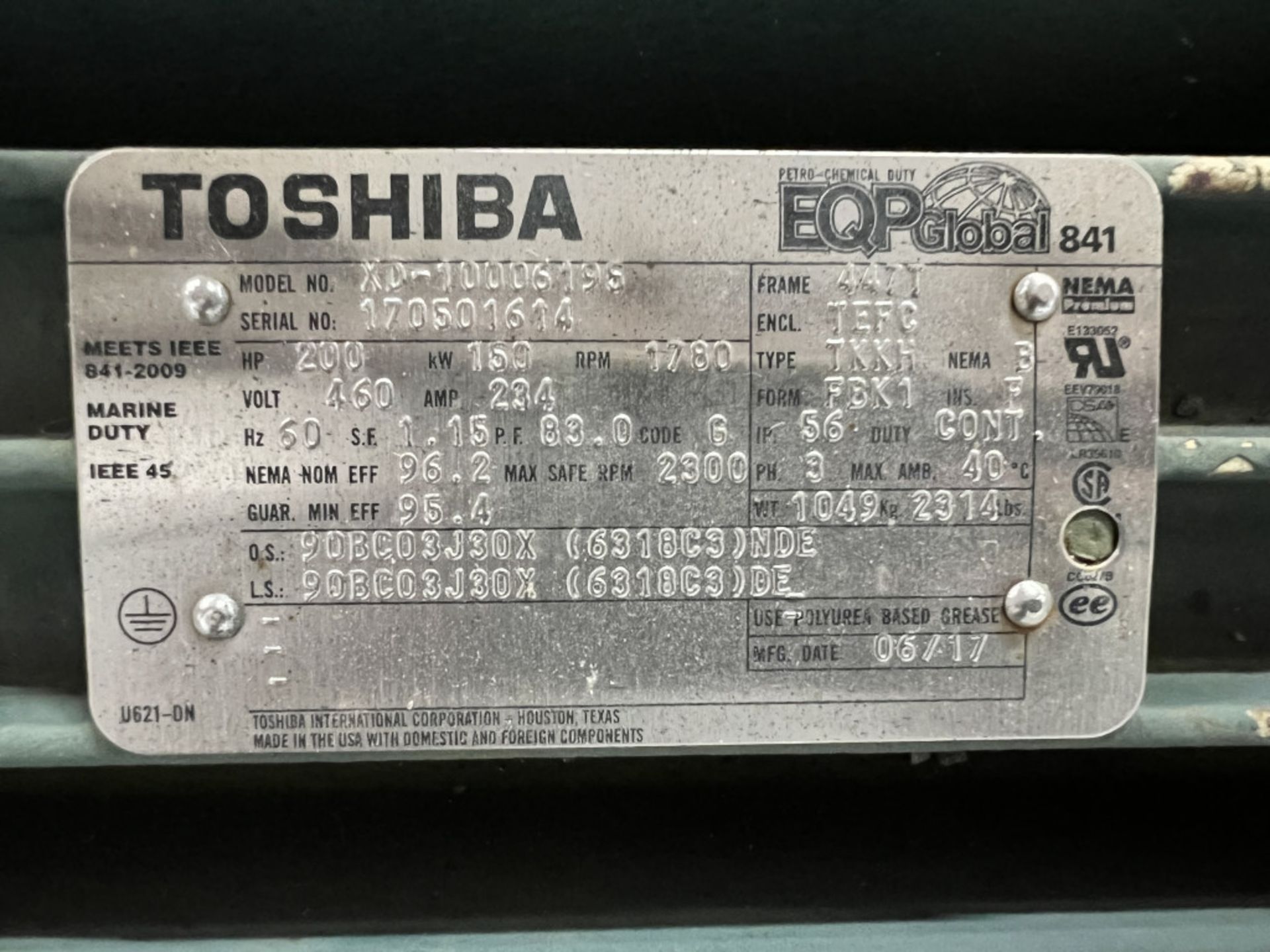 Toshiba 200 HP Motor | Model No. XD-10006195; 200 HP; 460V; 1780 RPM; Tag: 246074 - Image 4 of 4