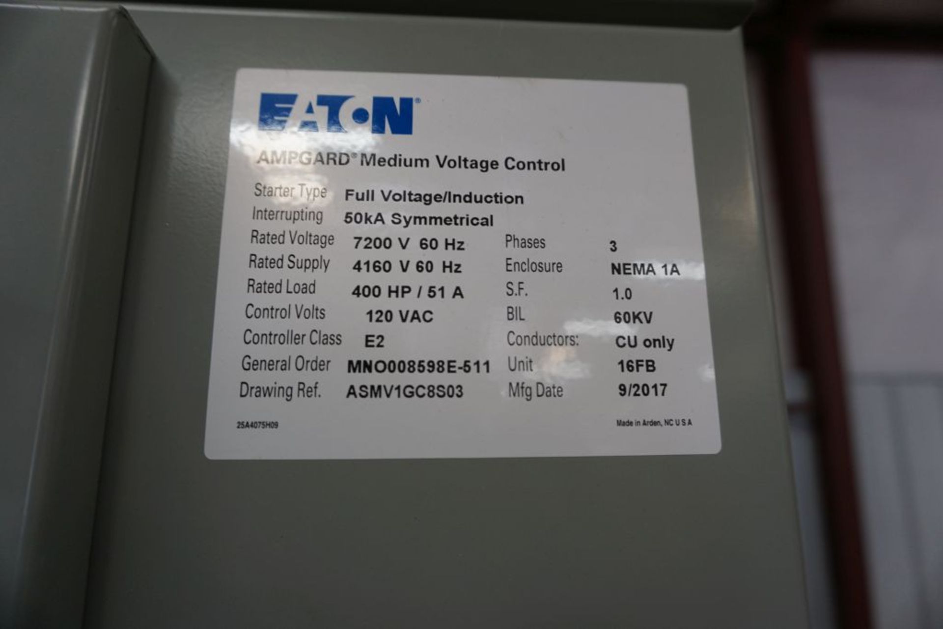 2017 Eaton Ampgard Medium Voltage Control Nema 1A Enclosure | 400 HP; 120 VAC; 7200V; 1-Section; - Image 7 of 10
