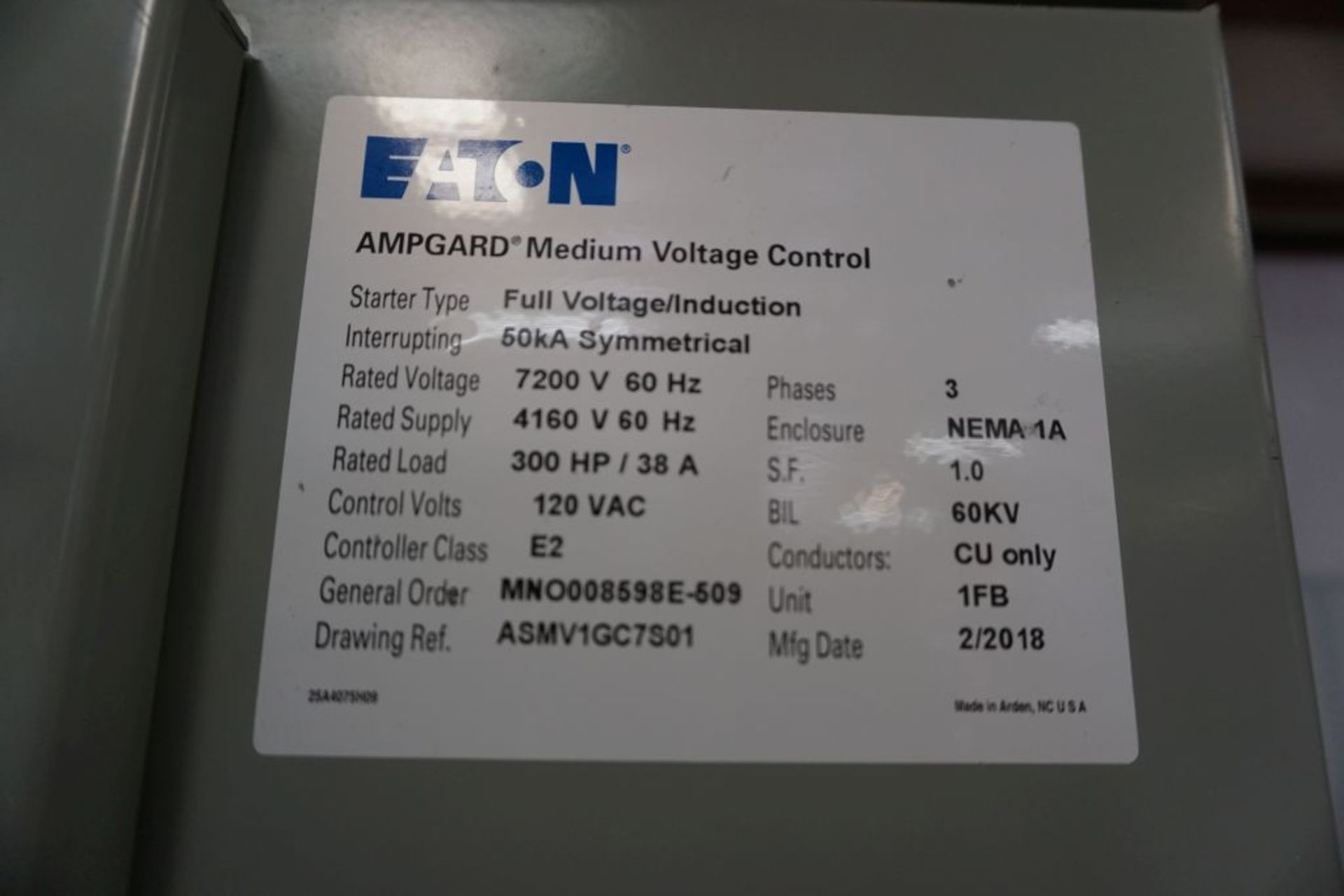 2018 Eaton Ampgard Medium Voltage Control Nema 1A Enclosure | 300 HP; 120 VAC; 7200V; 1-Section; - Image 7 of 10