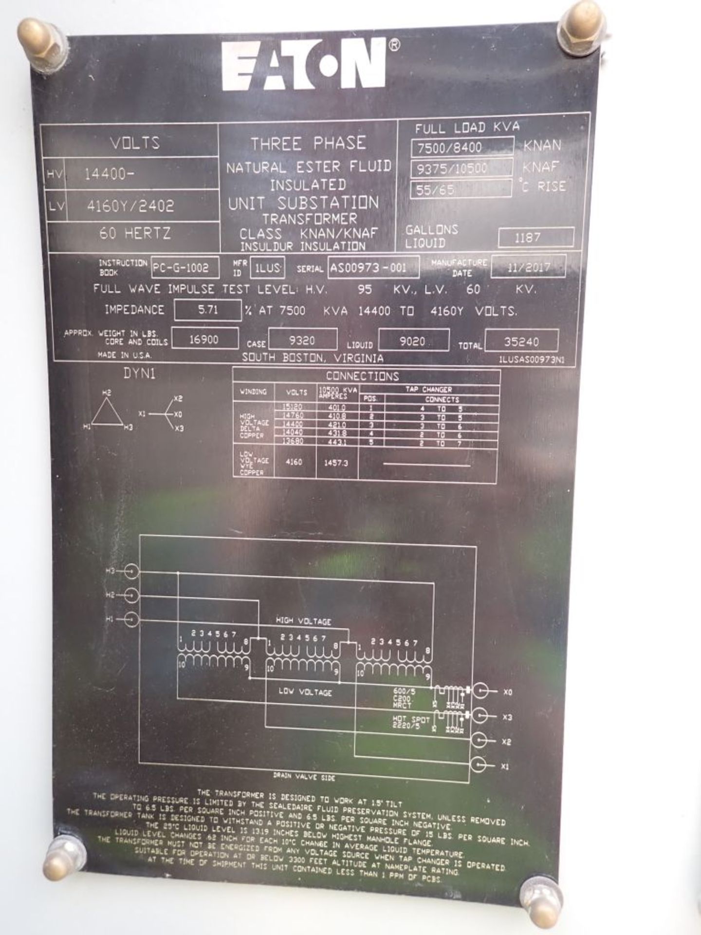 2017 Eaton Transformer - Located in New Orleans, LA | KNAN 7500/8400; 14,400 High Voltage; 4160Y/ - Image 9 of 14