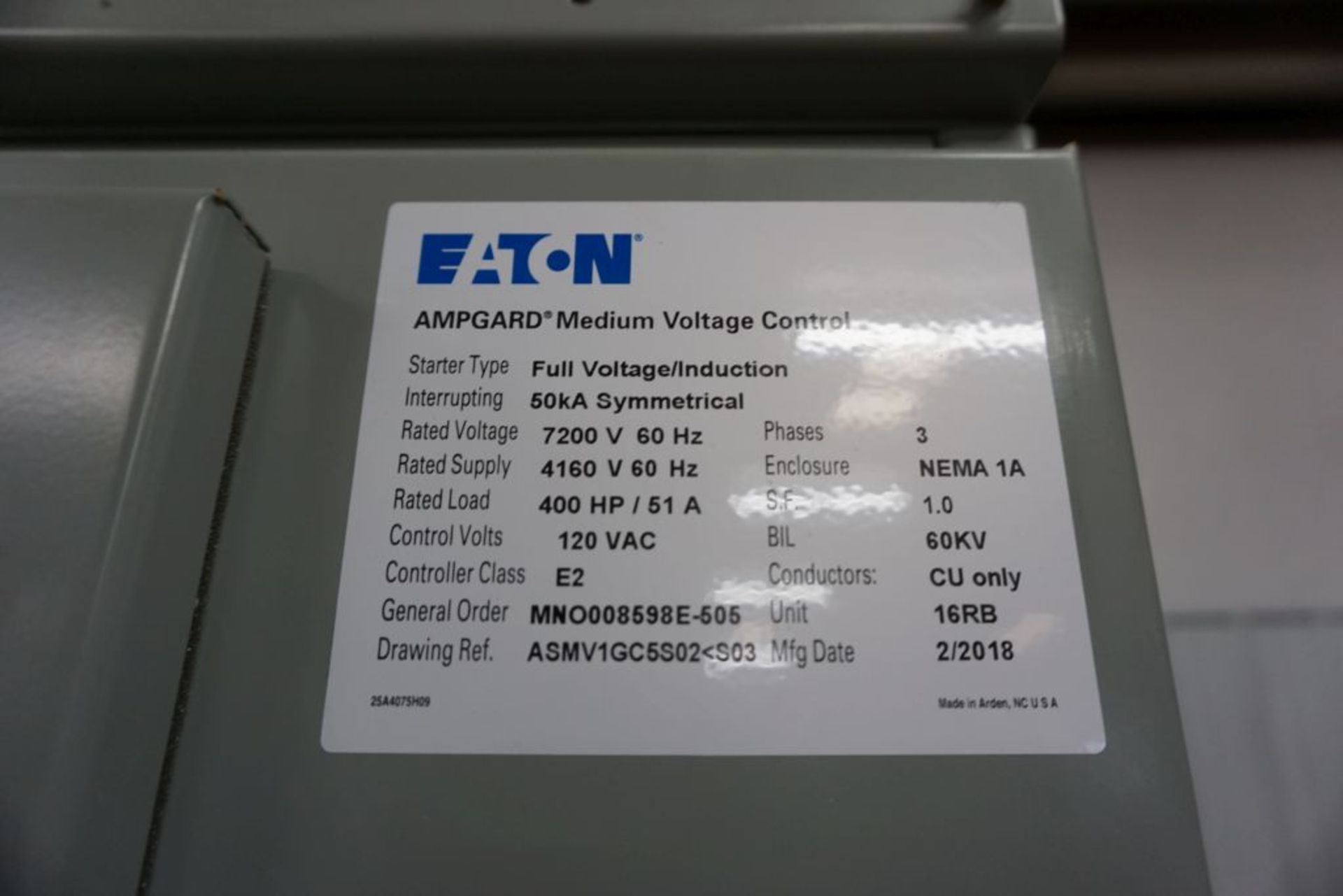 2018 Eaton Ampgard Medium Voltage Control Nema 1A Enclosure | 400 HP; 120 VAC; 7200V; 1-Section; - Image 7 of 11