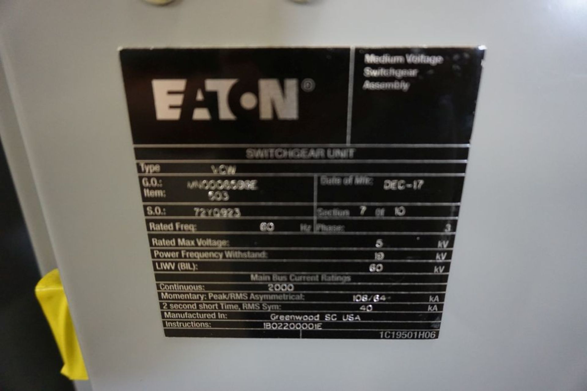 2017 Eaton Medium Voltage Switchgear Unit | Model No. 1C19501H06, 1-Section, Type: VCW, 2000 BUS, - Image 7 of 24