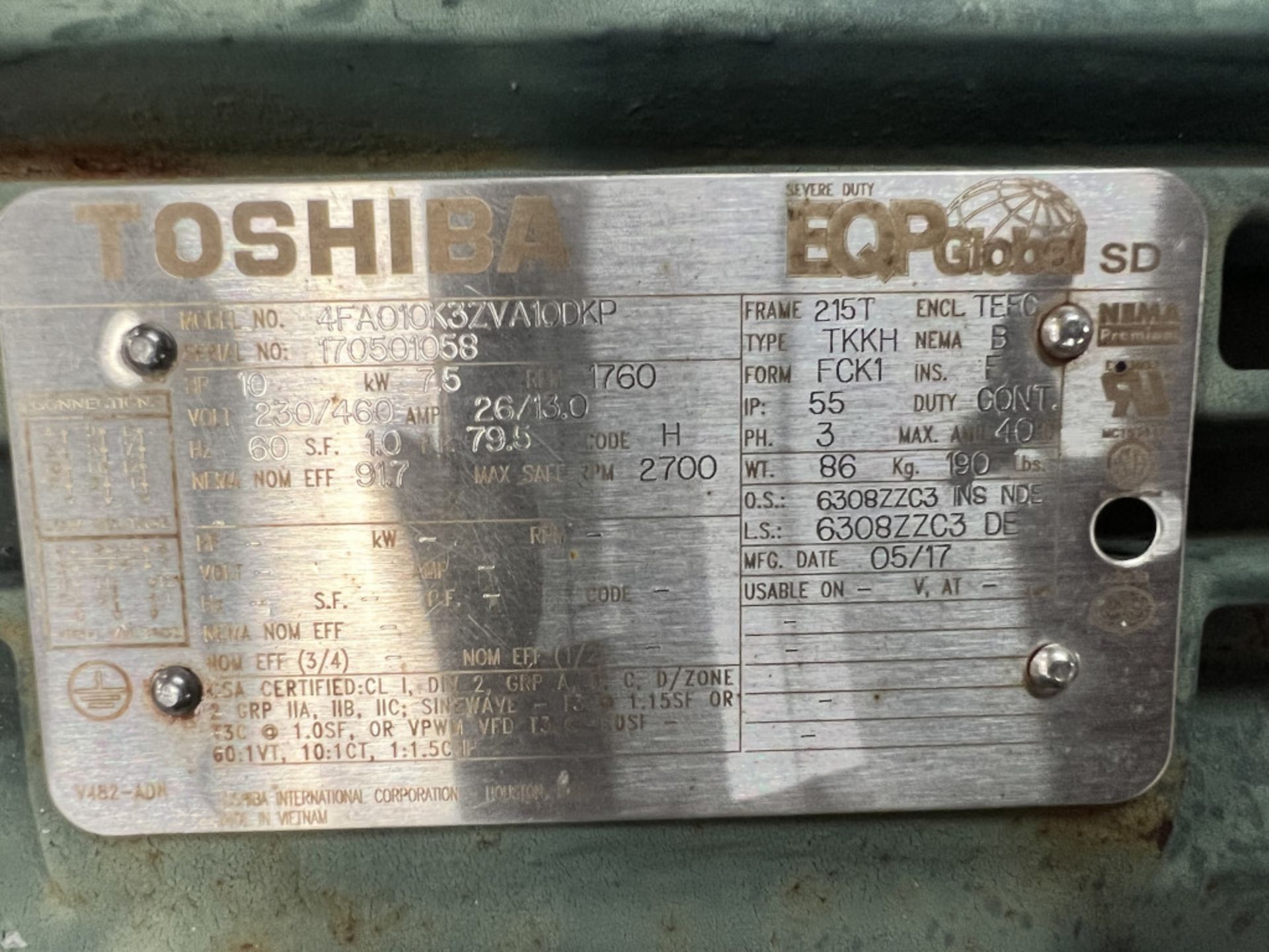 Lot of (2) Toshiba 10 HP Motors | Model No. 4FA010K32VA10DKP; 10 HP; 230/460V; 1760 RPM; Tag: - Image 4 of 5