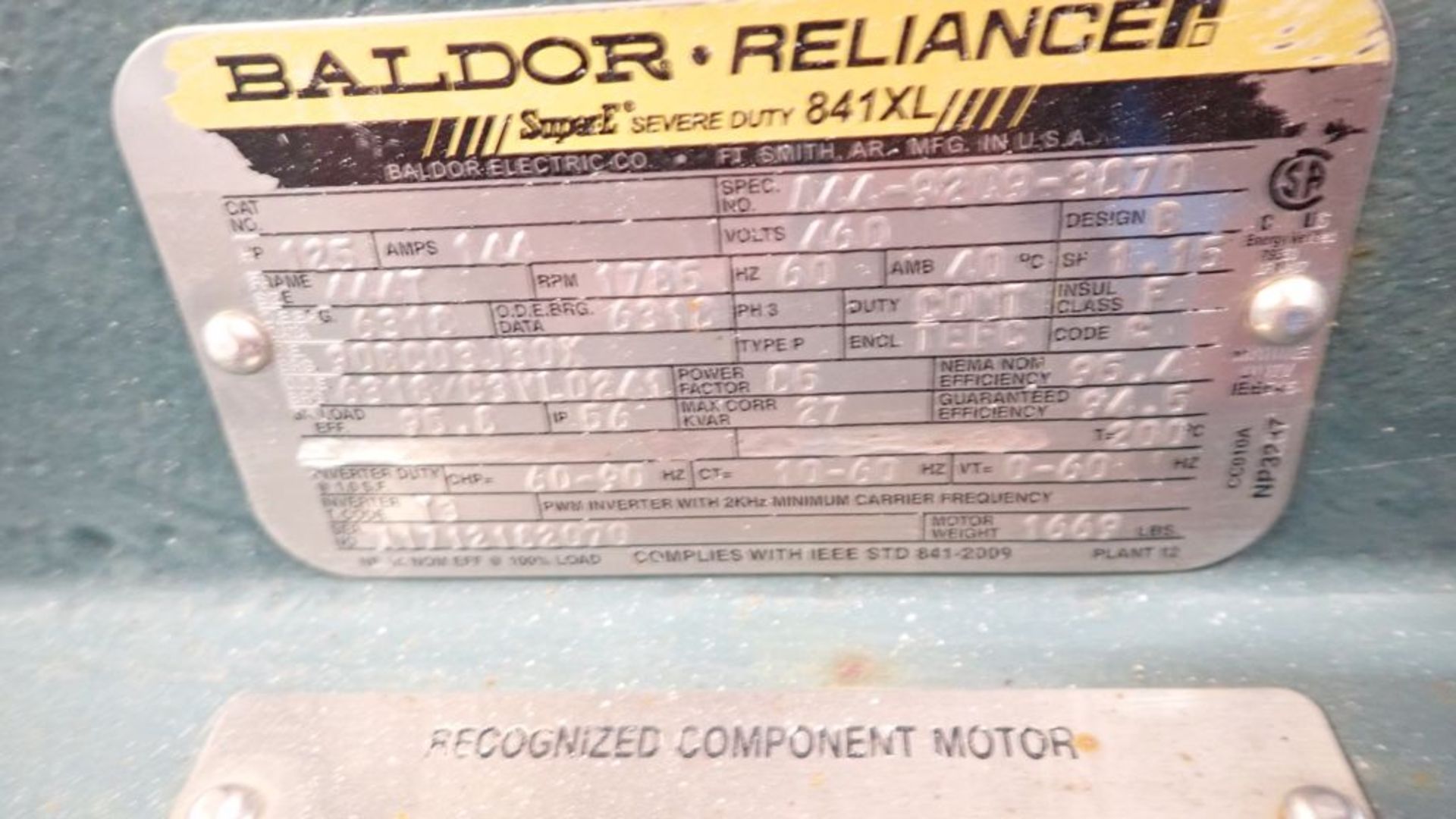 Baldor Super Duty 841XL 125 HP Motor | Spec No. A44-9209-3870, 125 HP, 460V, 1785 RPM, 3PH; Tag: - Image 5 of 5
