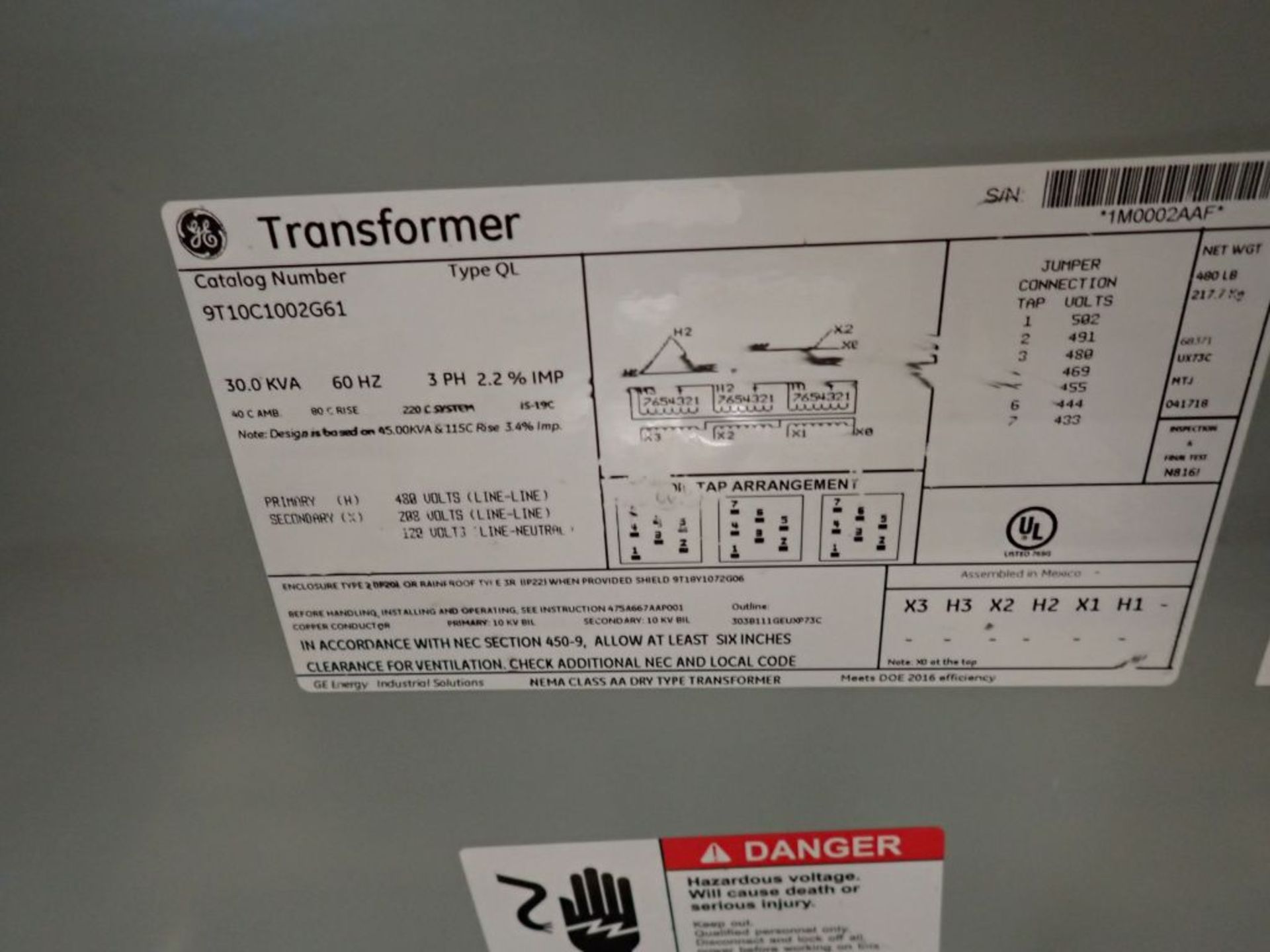 GE Transformer | Cat No. 9T10C1002G61; 30 KVA; 480V Primary Voltage; 208/120V Secondary Voltage; - Image 4 of 4