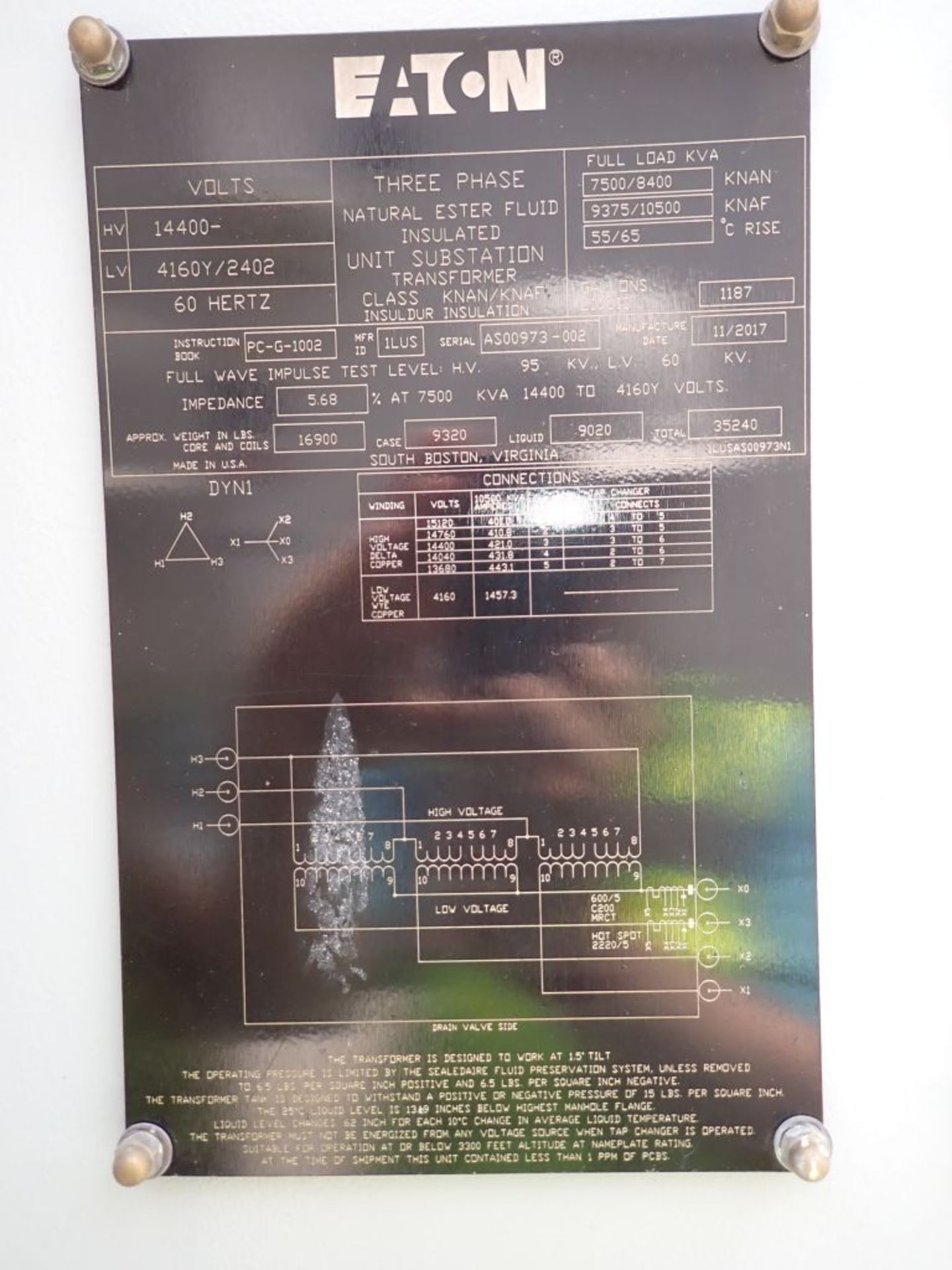 2017 Eaton Transformer - Located in New Orleans, LA | KNAN 7500/8400; 14,400 High Voltage; 4160Y/ - Image 9 of 14