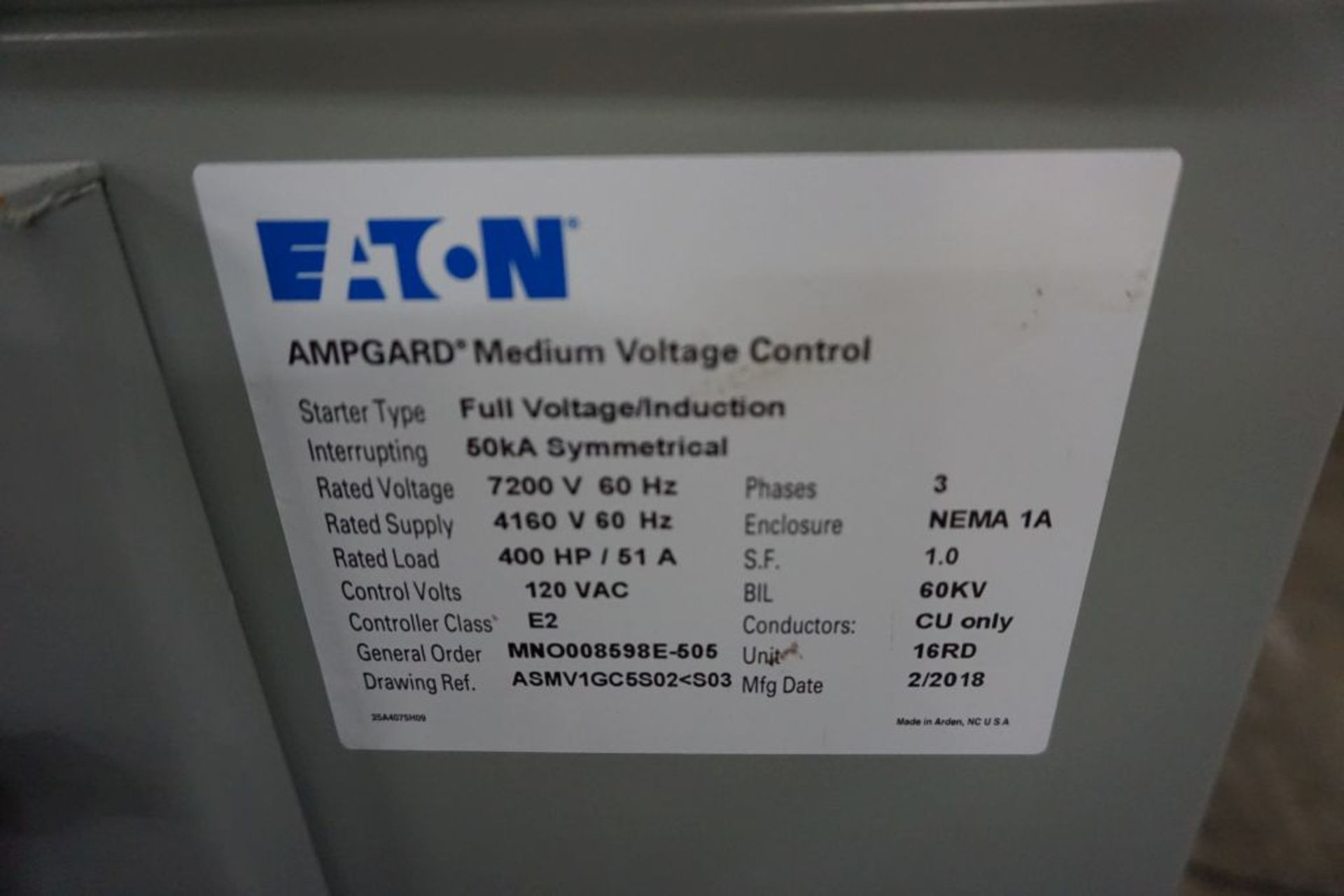 2018 Eaton Ampgard Medium Voltage Control Nema 1A Enclosure | 400 HP; 120 VAC; 7200V; 1-Section; - Image 6 of 11