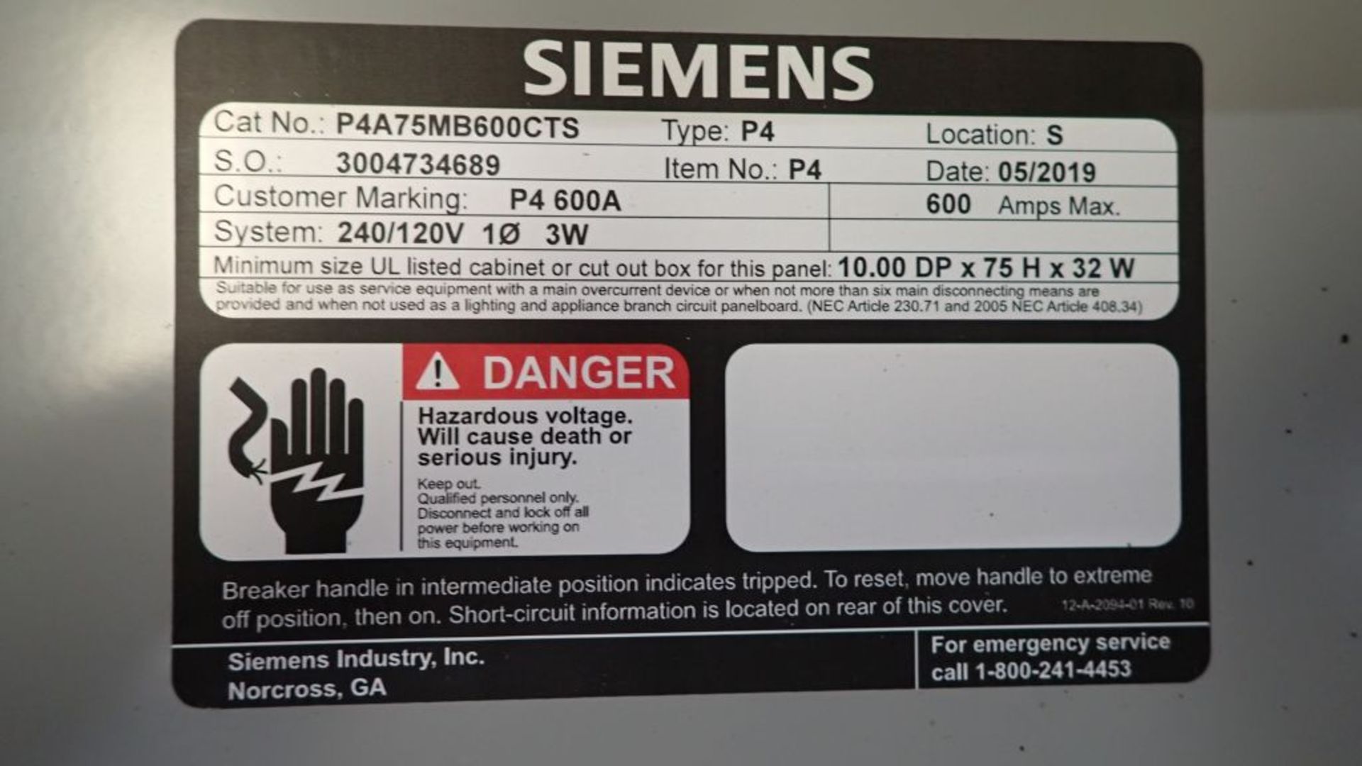 Siemens Power Panel | Cat No. P4A75MB600CTS; 600A; 240/120V; 3W; 1PH; Tag: 244209 - Image 6 of 7