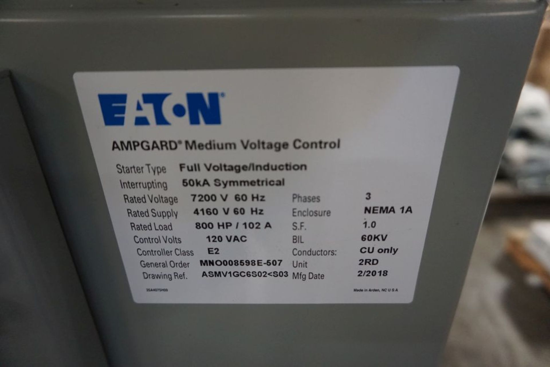 2018 Eaton Ampgard Medium Voltage Control Nema 1A Enclosure | 800 HP; 120 VAC; 7200V; 1-Section; - Image 6 of 9