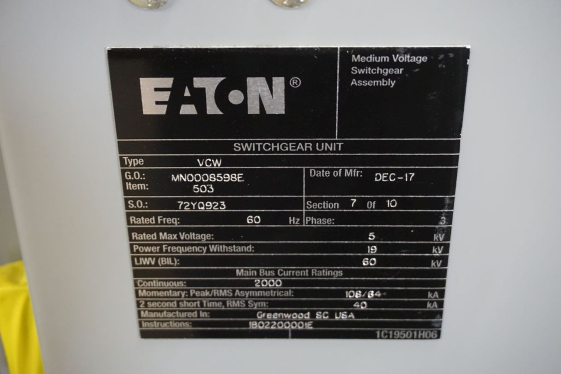 2017 Eaton Medium Voltage Switchgear Unit | Model No. 1C19501H06, 1-Section, Type: VCW, 2000 BUS, - Image 8 of 24