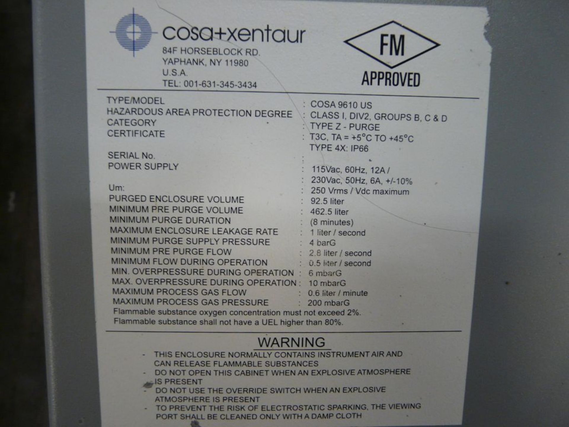 Costa Xentaur Cosa 9610 Calorimeter | Type/Model No. COSA 9610 US, 6/12A, 115/230 VAC, 50/60 Hz; - Image 7 of 10