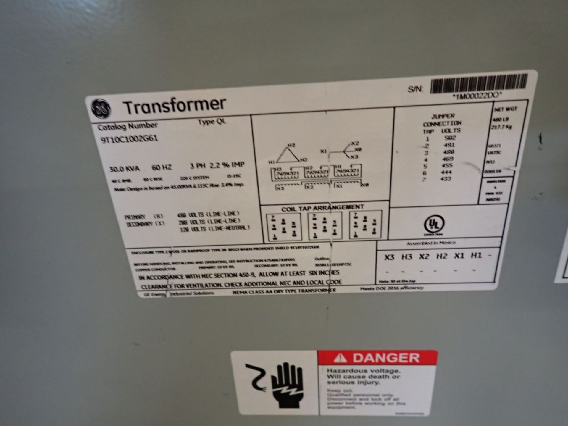 GE Transformer | Cat No. 9T10C1002G61; 30 KVA; 480V Primary Voltage; 208/120V Secondary Voltage; - Image 4 of 4