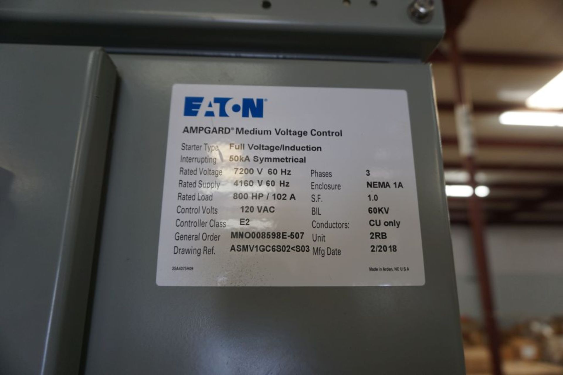2018 Eaton Ampgard Medium Voltage Control Nema 1A Enclosure | 800 HP; 120 VAC; 7200V; 1-Section; - Image 7 of 9