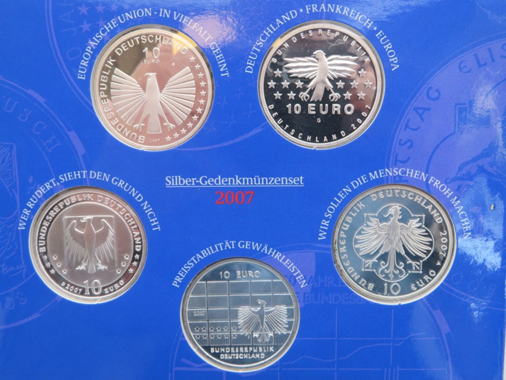 Silber-Gedenkmünzenset, BRD, 2007, 5 x 10€-Münzen, "50 Jahre Saarland", "50 Jahre Römische Verträge - Bild 2 aus 2