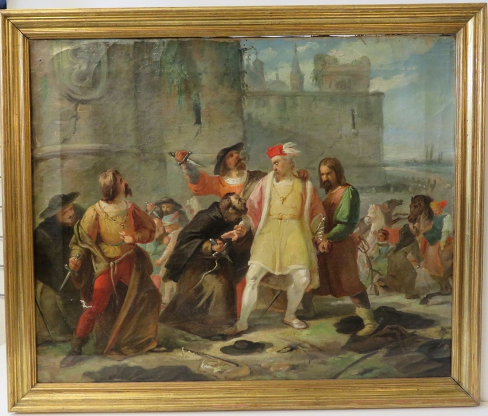 Unbekannt, 19. Jahrhundert, "Mittelalterliche Szene", Öl/Leinwand, 59 x 72 cm, R. [68,5 x 81 cm]