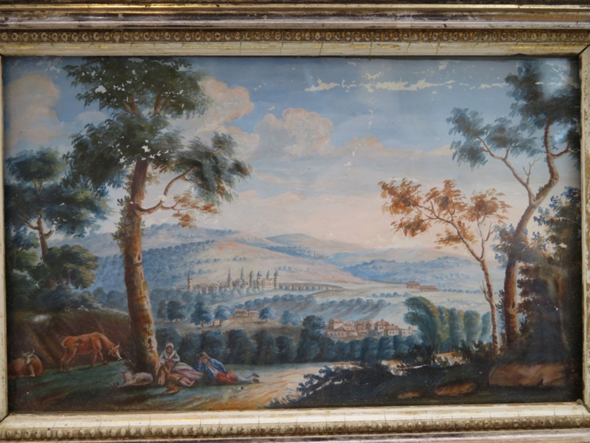 Um 1800, "Weite Landschaft", Gouache, Abplatzungen, 12,5 x 19 cm, R. [21 x 28 cm]