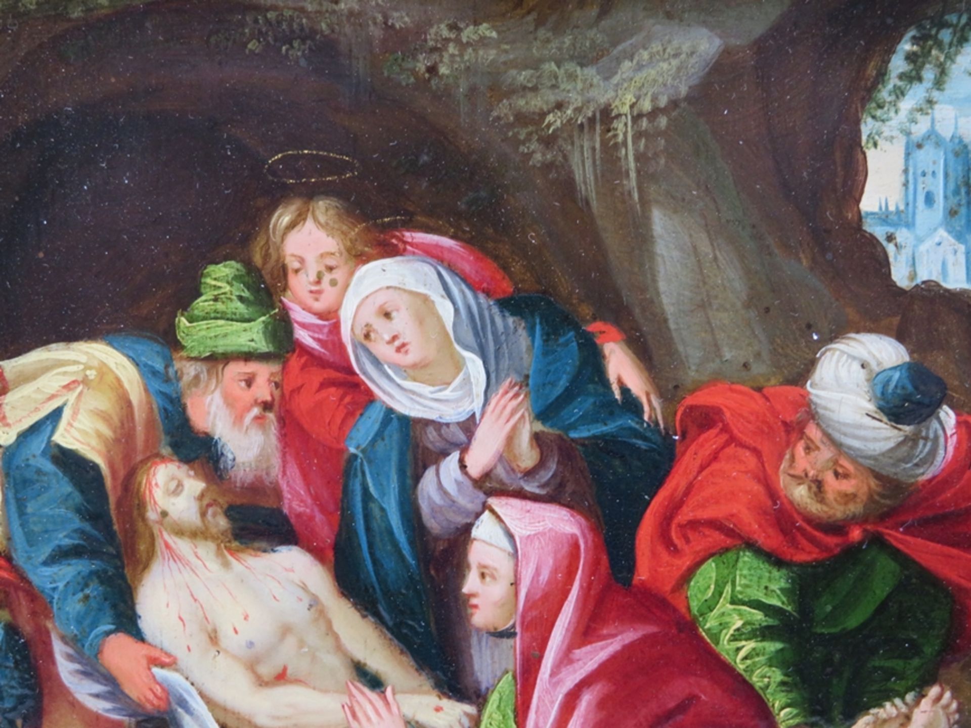 Flämische Schule, 16./17. Jahrhundert, "Grablegung Christi", Öl/Kupfer, verso Expert.: Paul Tousel  - Bild 3 aus 4