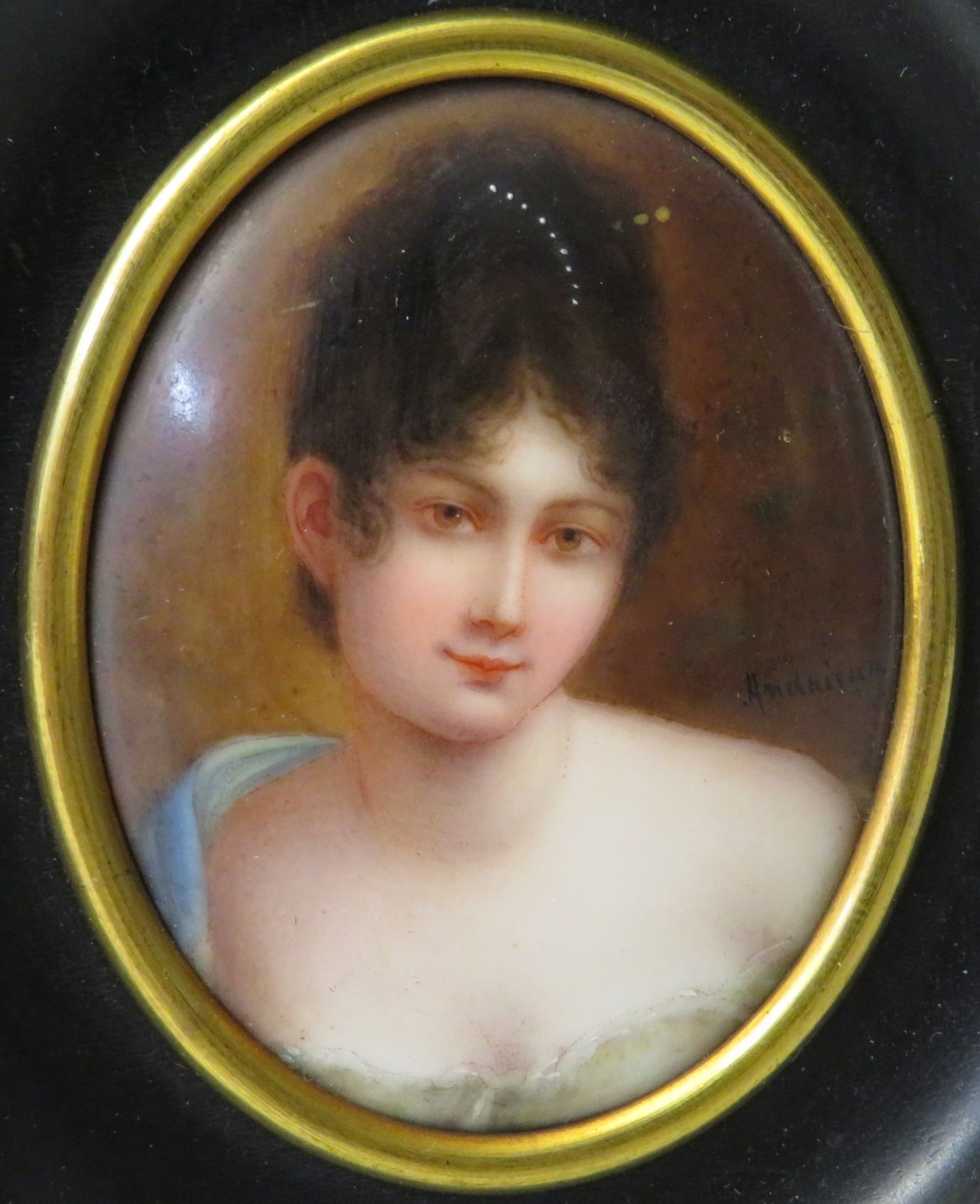 Andrieux, "Bildnis Madame Récamier", Mitte re.sign., Porzellanmalerei, 6,3 x 5 cm, R. [12 x 10,4 cm