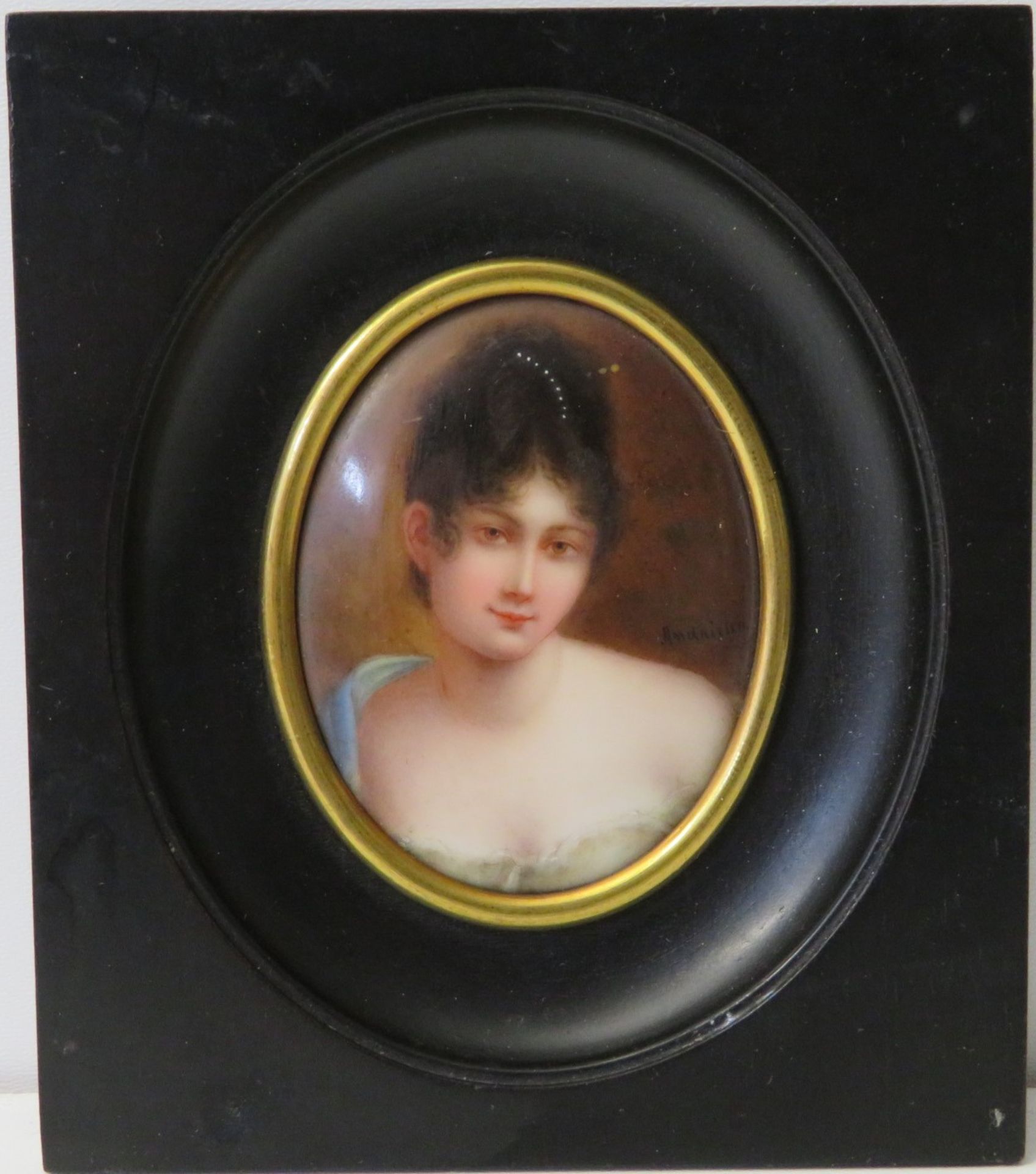 Andrieux, "Bildnis Madame Récamier", Mitte re.sign., Porzellanmalerei, 6,3 x 5 cm, R. [12 x 10,4 cm - Bild 2 aus 3