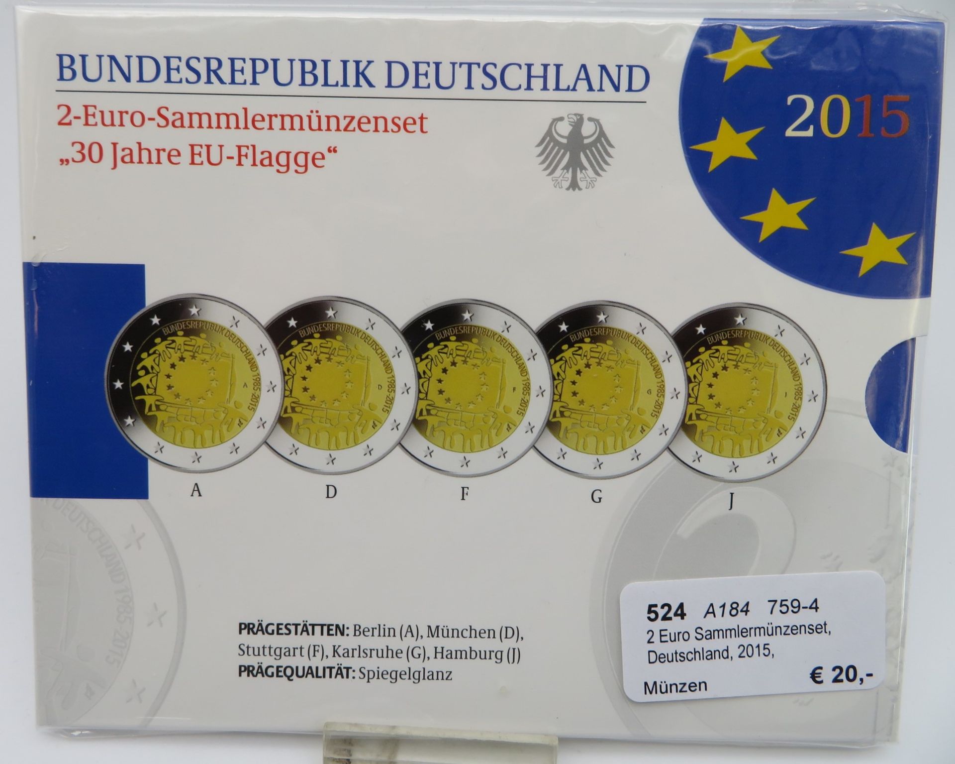 2 Euro Sammlermünzenset, Deutschland, 2015, 30 Jahre EU-Flagge, 5 Münzten der 5 Prägestätten, Spieg