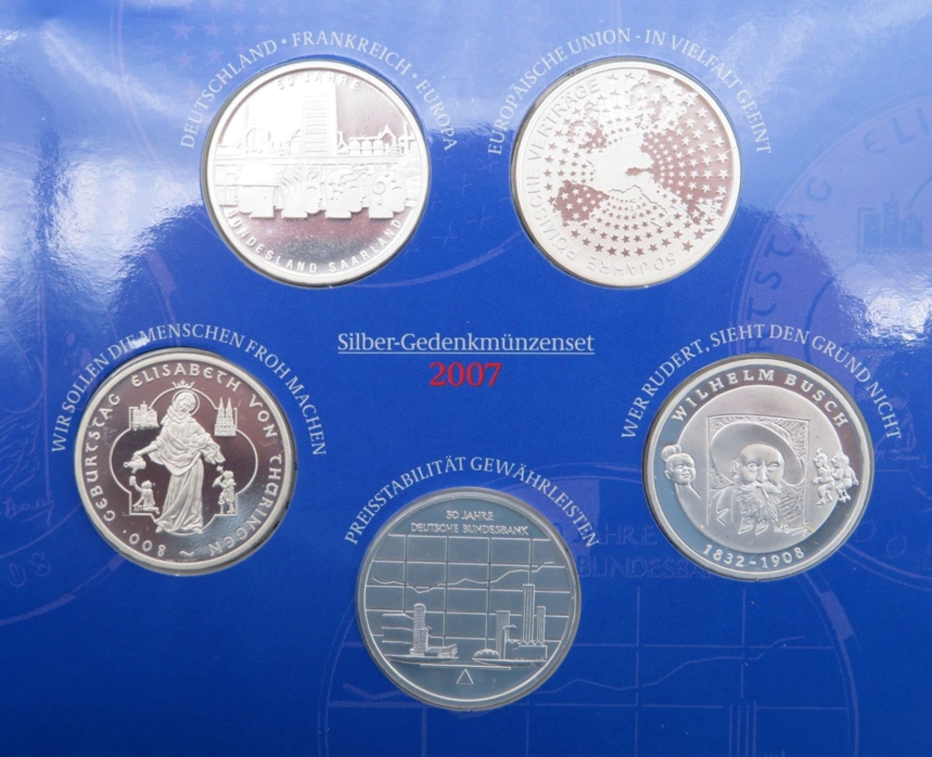 Silber-Gedenkmünzenset, BRD, 2007, 5 x 10€-Münzen, "50 Jahre Saarland", "50 Jahre Römische Verträge