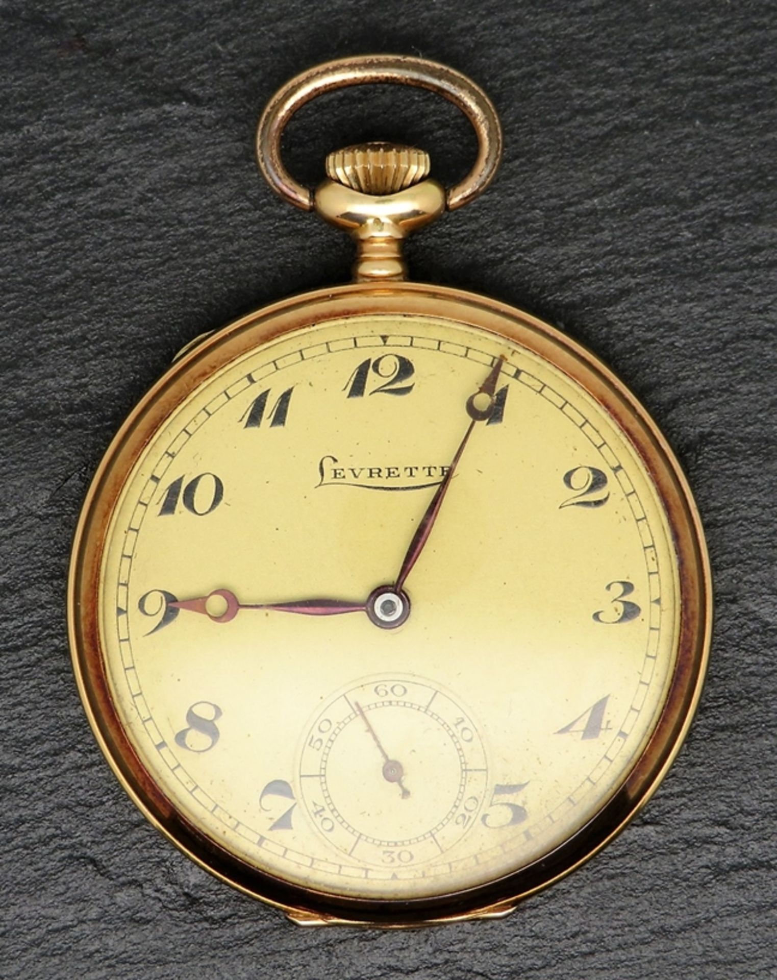 Taschenuhr, Levrette, Gehäuse 585er Gelbgold, gepunzt, 55,45 g, Ankerwerk, Kronenaufzug, Innendecke