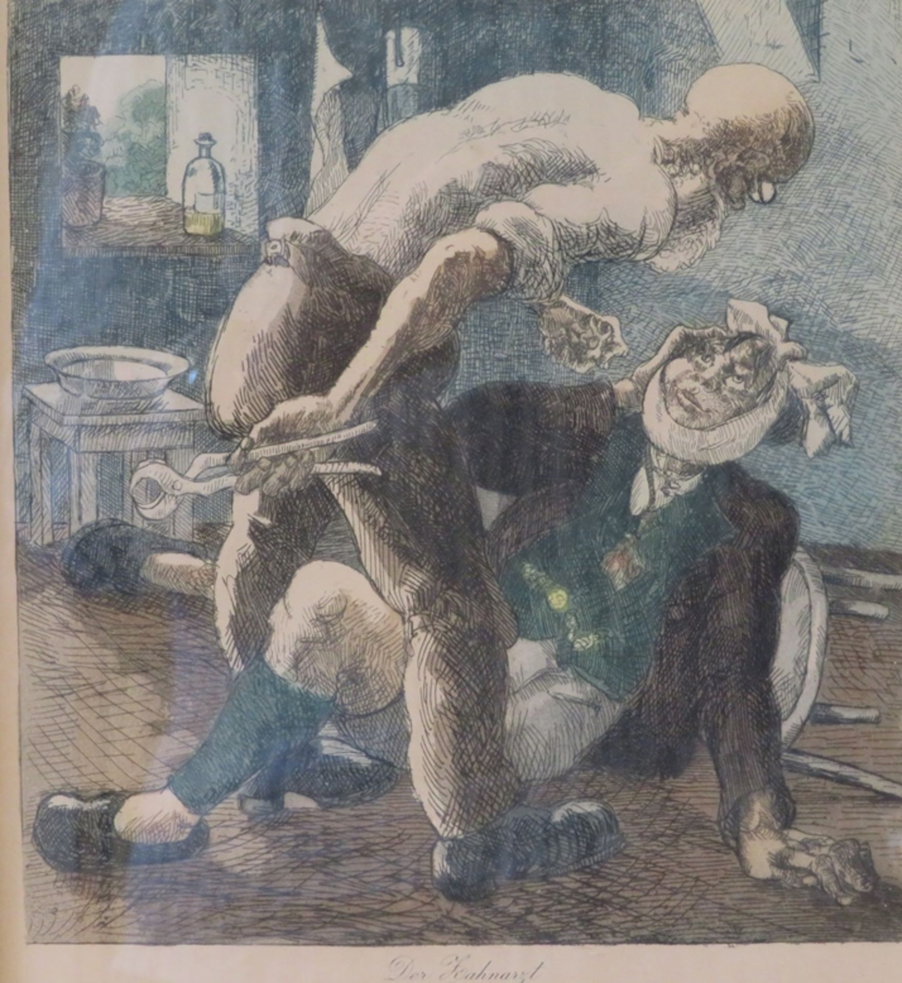 Unleserlich signiert, "Der Zahnarzt", Farblithografie, 22 x 21 cm, R. [35 x 27 cm]