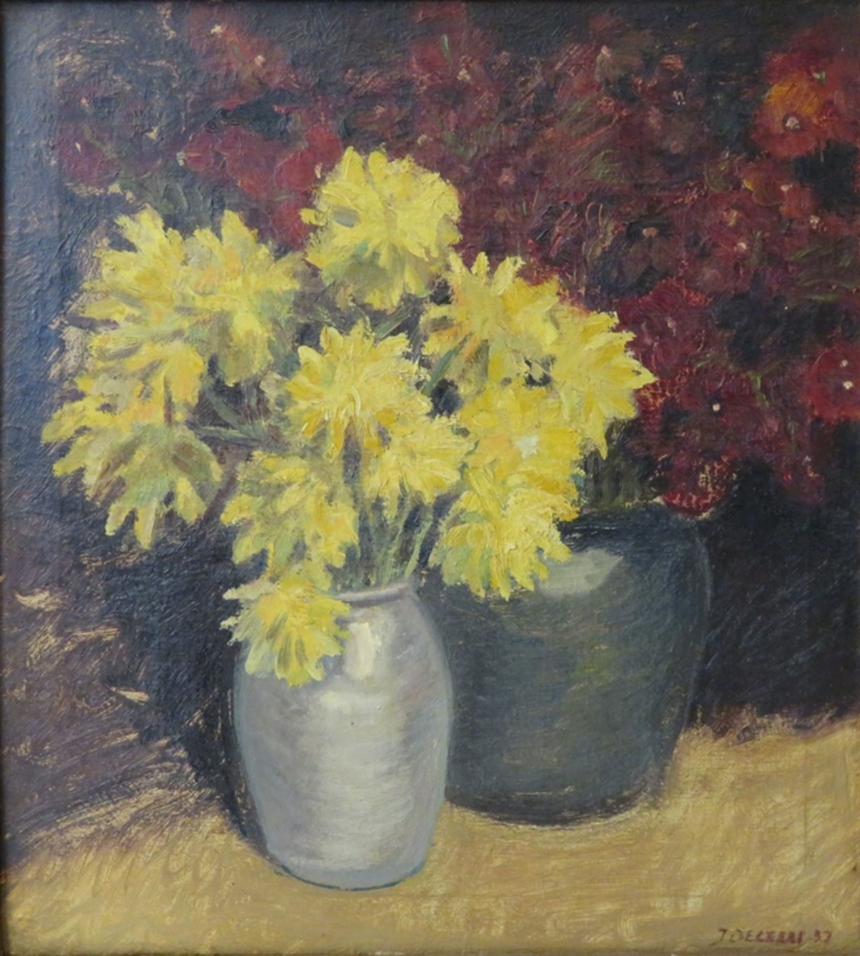 Deleers, J., "Stillleben mit gelben und roten Blüten", re.u.sign.u.dat. (19)32, Öl/Leinwand, 49 x 4