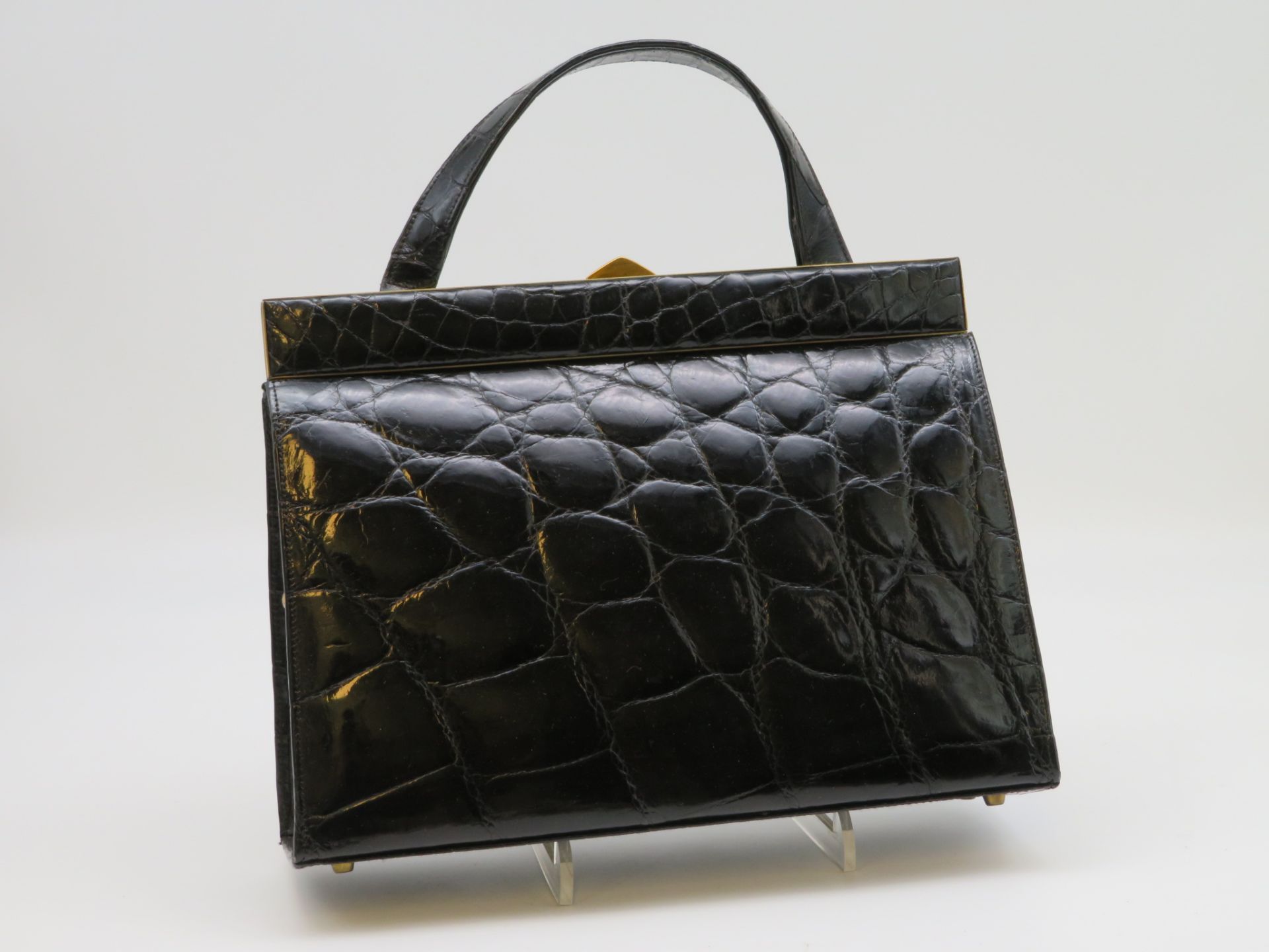 Vintage Handtasche, 1960/70er Jahre, Kroko, schwarz, 29 x 29 x 9 cm.