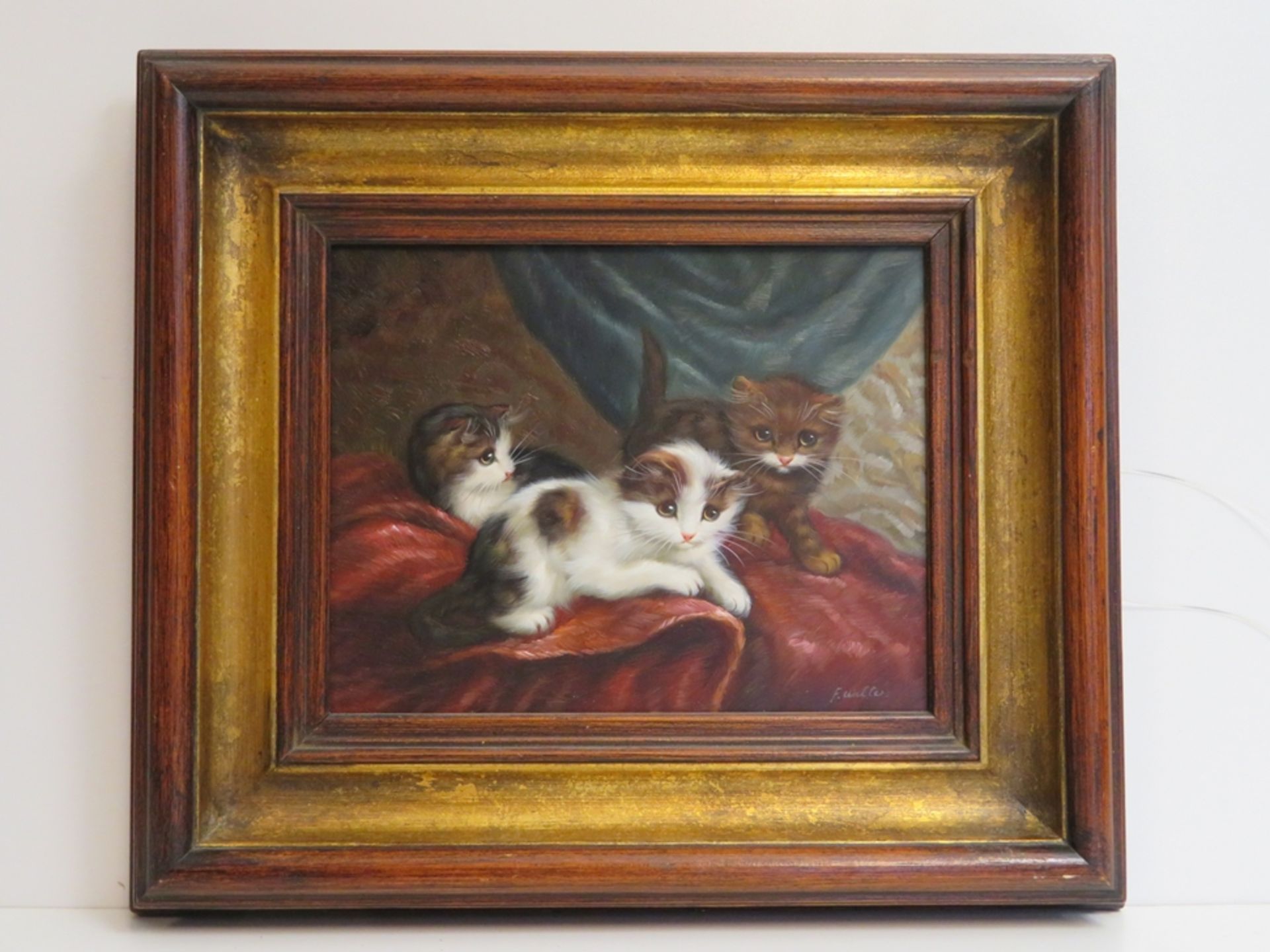 Walter, F., Maler 1. Hälfte 20. Jahrhundert, "Drei kleine Katzen", re.u.sign., Öl/Holz, 20 x 25 cm, - Bild 2 aus 2