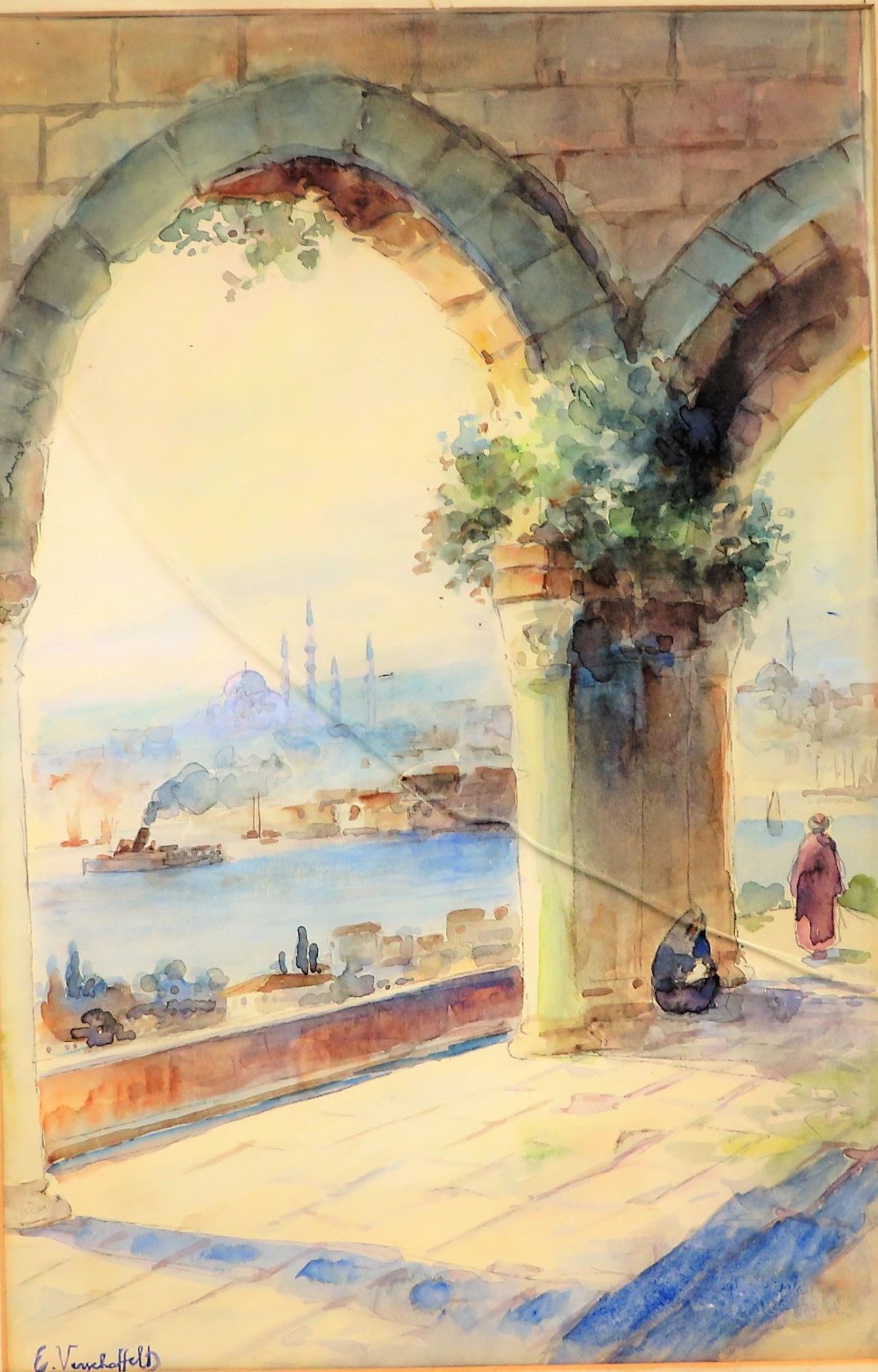 Verschaffelt, E., "Blick auf eine orientalische Stadt", li.u.sign., Aquarell, 44 x 29 cm, R. (Glas 