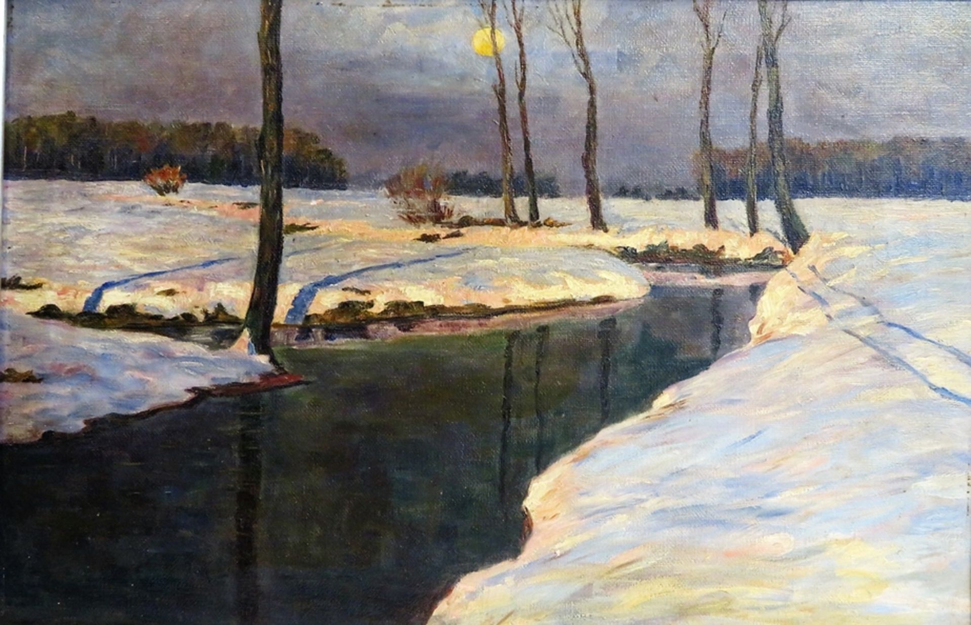 Kendziora, A., Maler um 1900, "Winterlicher Flusslauf bei Mondschein", verso sign., Öl/Leinwand, 38