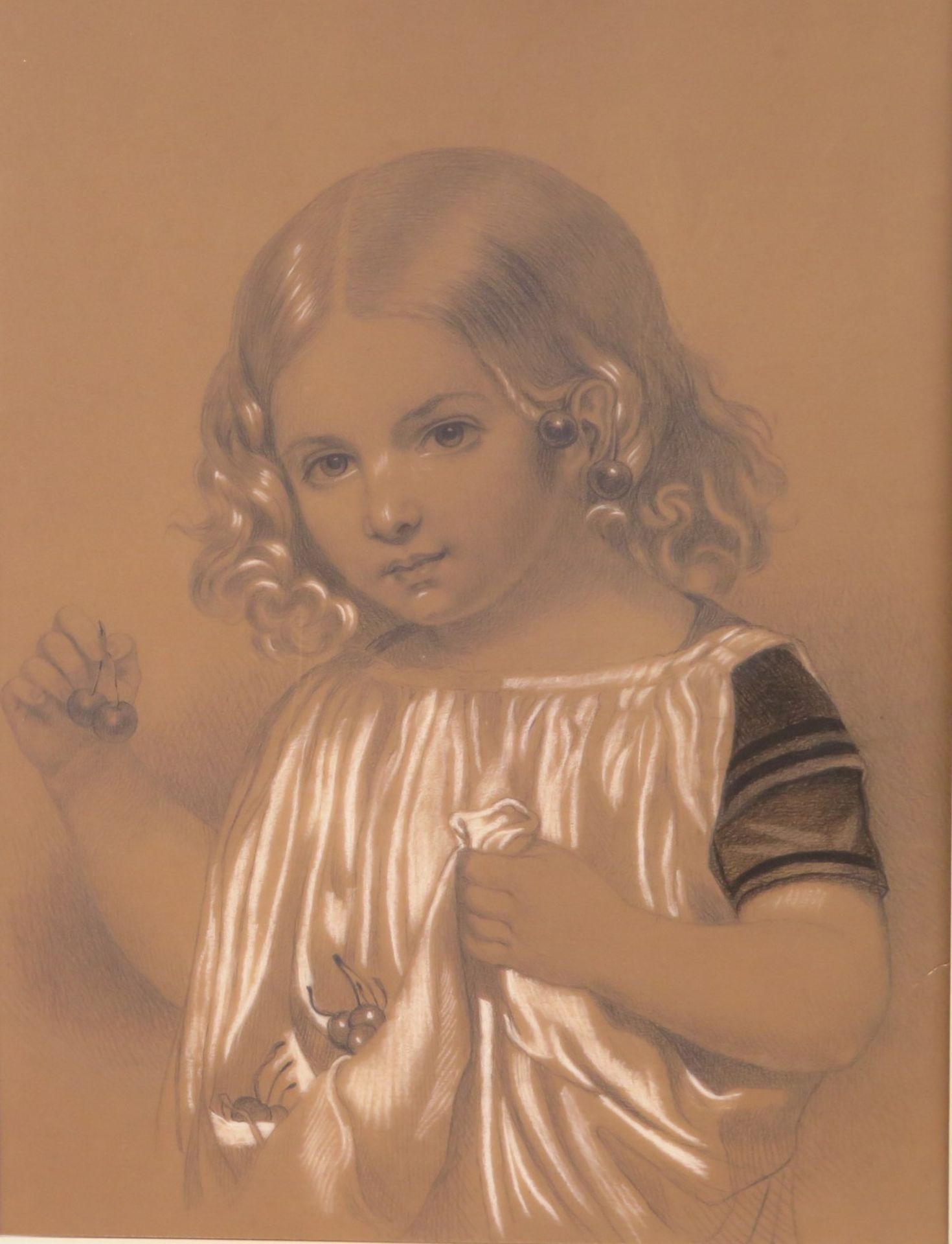 Biedermeier, 1. Hälfte 19. Jahrhundert, "Mädchen mit Kirschen", Kohlezeichnung Weiß gehöht, 38,5 x 