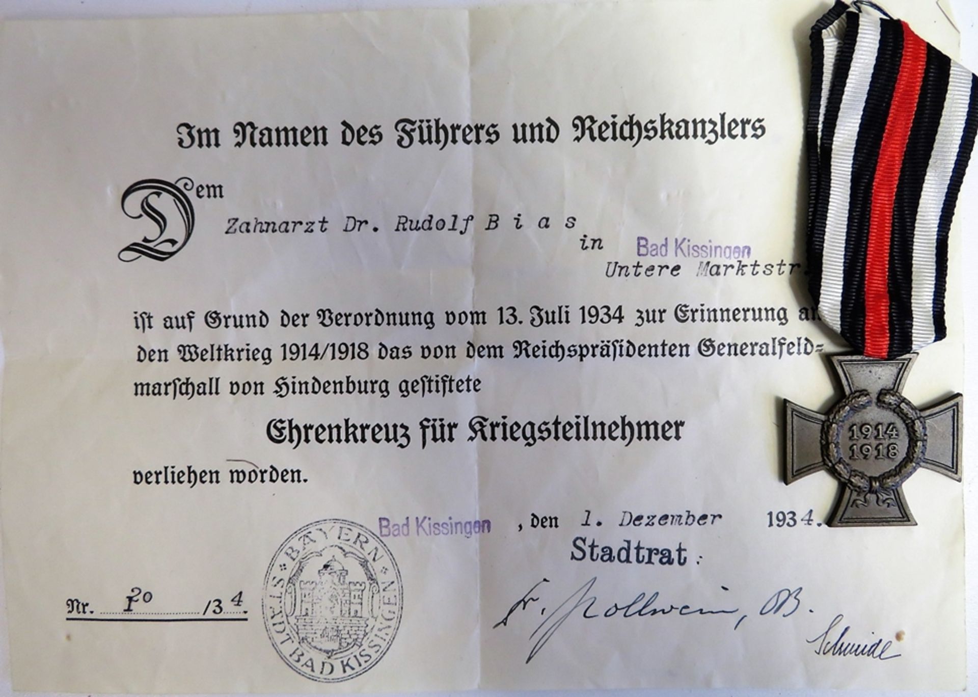 Ehrenkreuz für Kriegsteilnehmer, 1914 - 1918, mit Verleihungsurkunde, 1934.