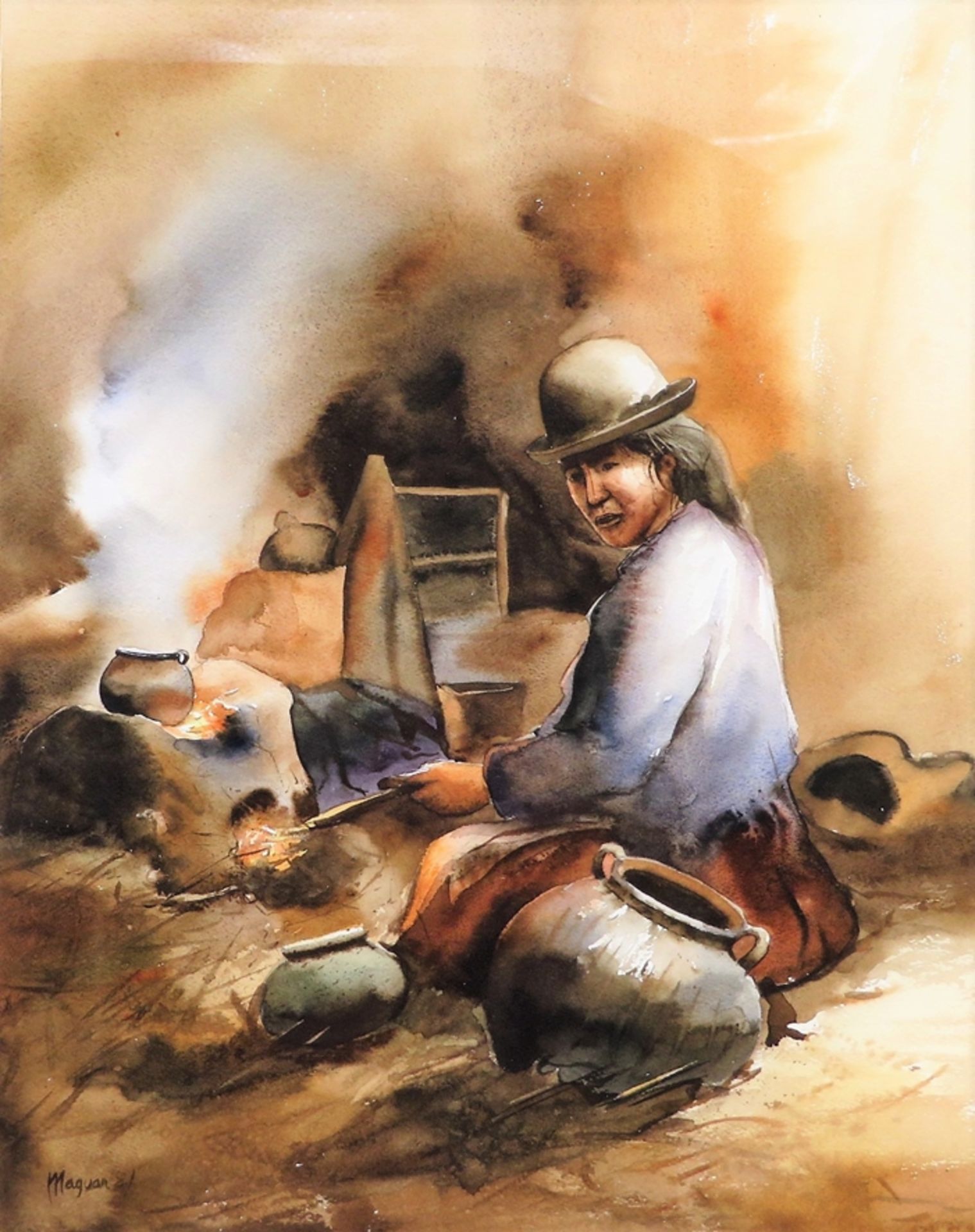 Maguan/Maguar/Maguaz, wohl Peruanischer Maler, "Peruanerin an der Kochstelle", li.u.sign.u.dat. (19