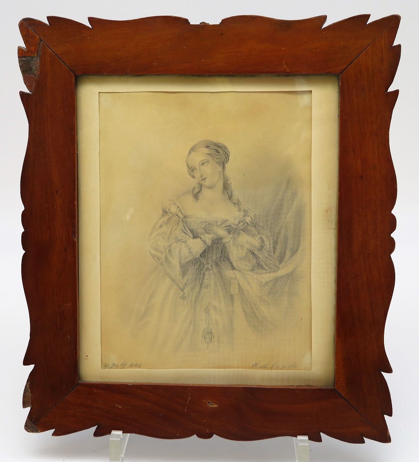 Chapelle, M. La, "Elegante Dame", re.u.sign.u.dat. 1846, Bleistiftzeichnung, 15,5 x 12 cm, Mahagoni - Bild 2 aus 2