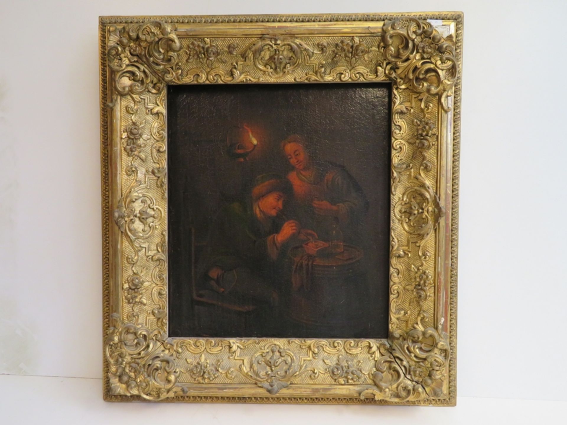 Niederlande, 18./19. Jahrhundert, "Zwei Personen bei Kerzenlicht", Öl/Leinwand, doubliert, 41 x 36  - Bild 2 aus 2