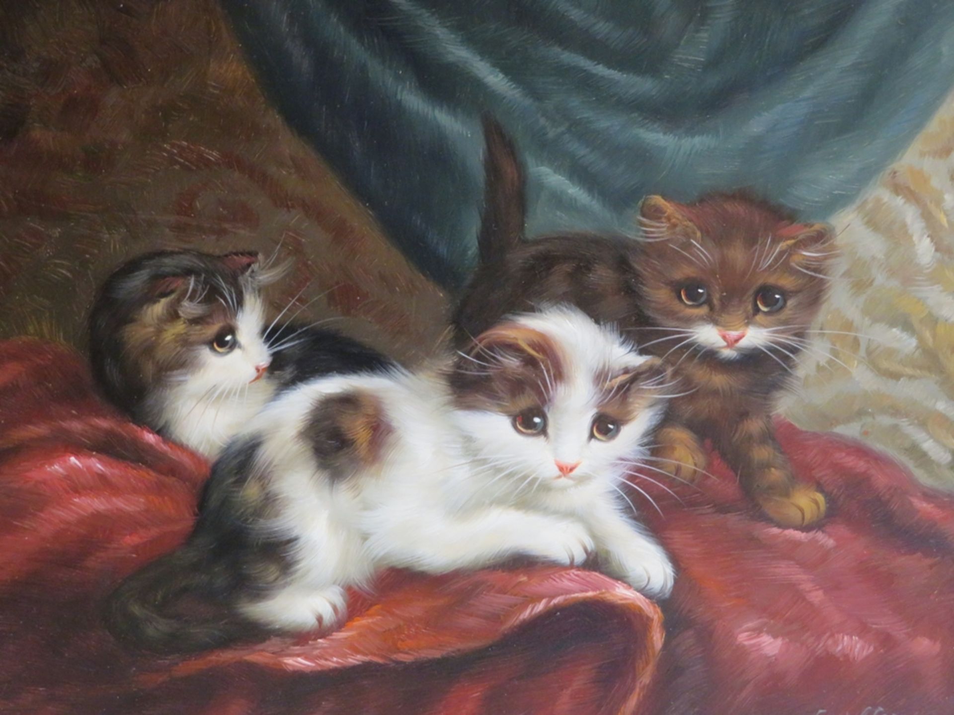 Walter, F., Maler 1. Hälfte 20. Jahrhundert, "Drei kleine Katzen", re.u.sign., Öl/Holz, 20 x 25 cm,