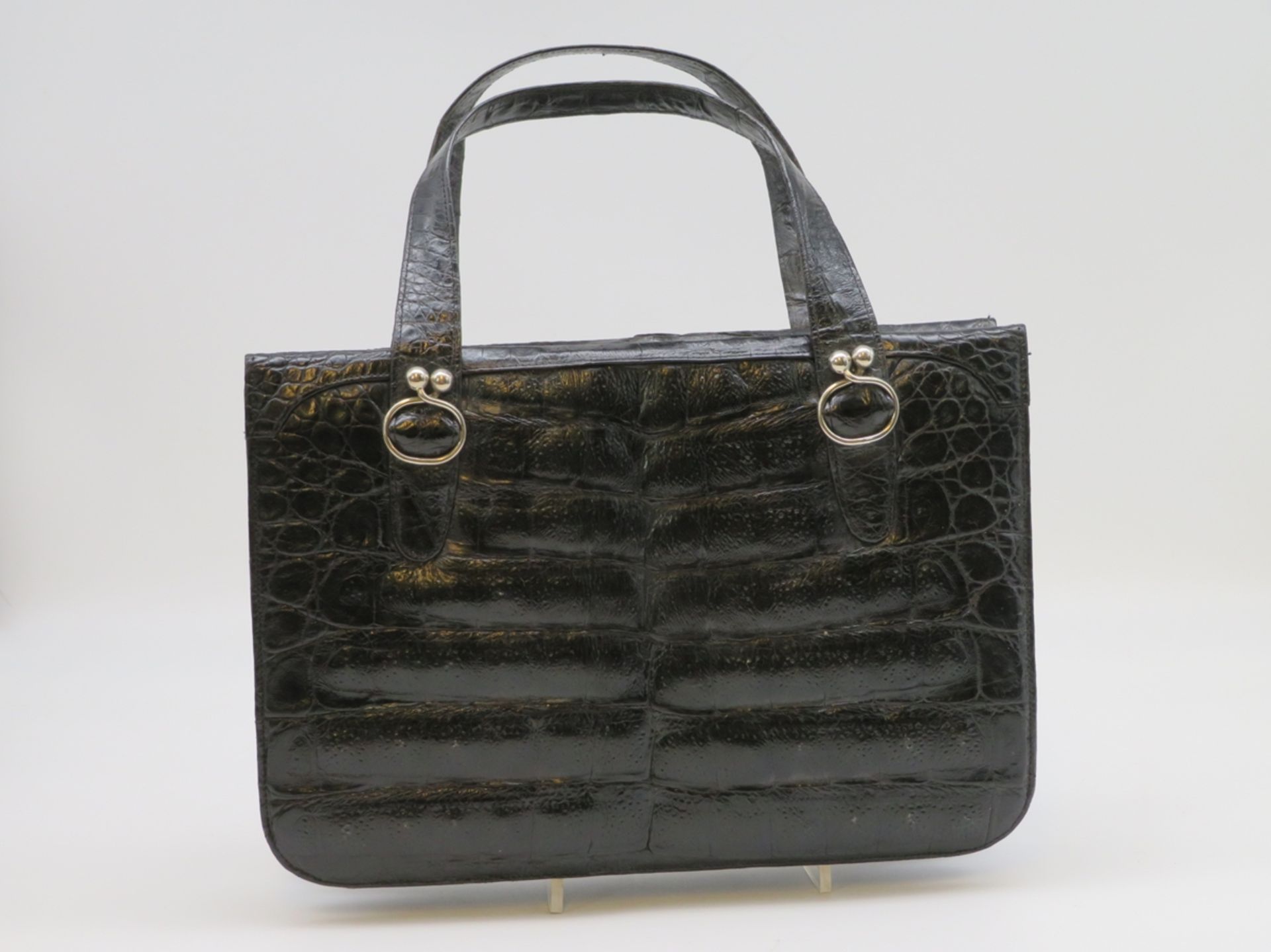 Vintage Handtasche, 1960/70er Jahre, sign. "Comtesse", Kroko, schwarz, 33 x 33 x 7 cm.