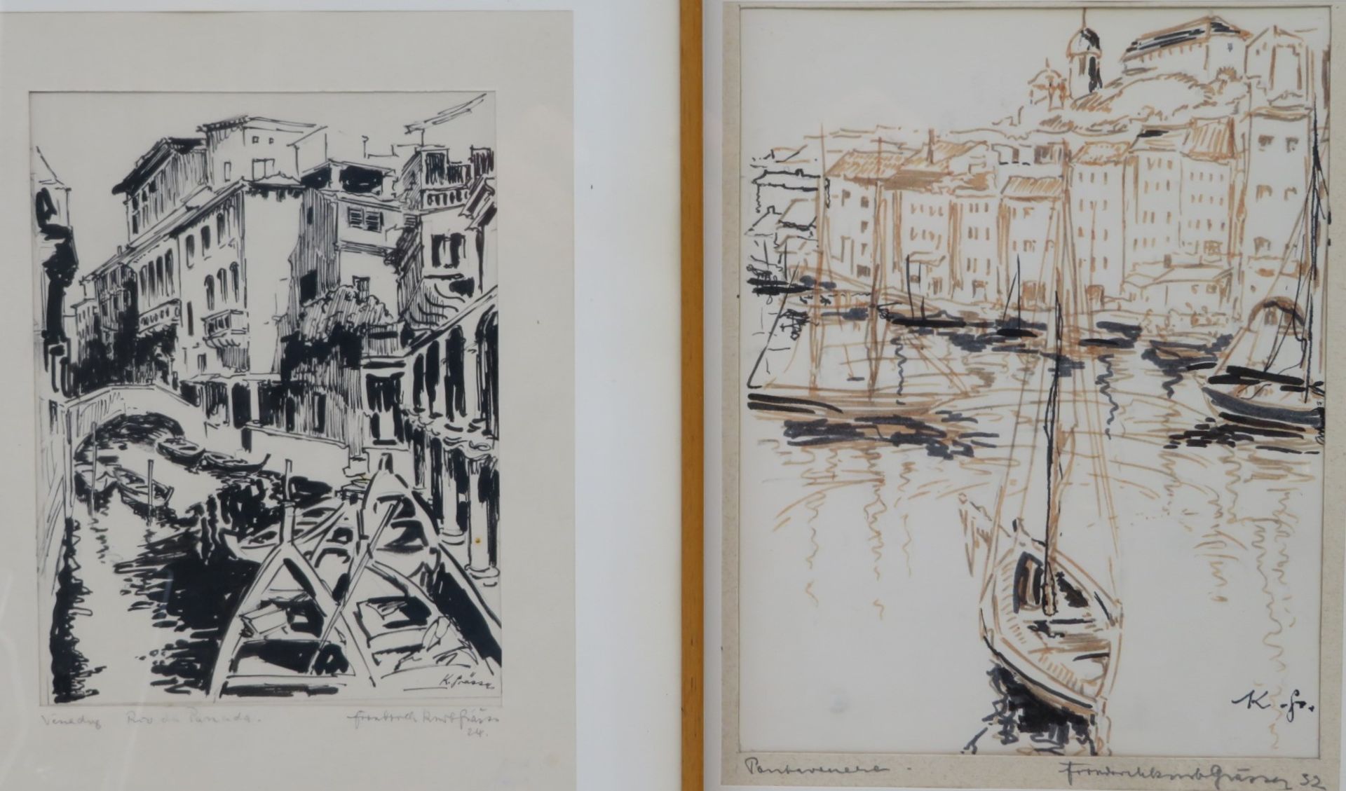 Grässer, Friedrich Kurt, 2 x "Ansicht von Venedig", sign.u.dat. 1924 und (19)32, Kohle- und Buntsti
