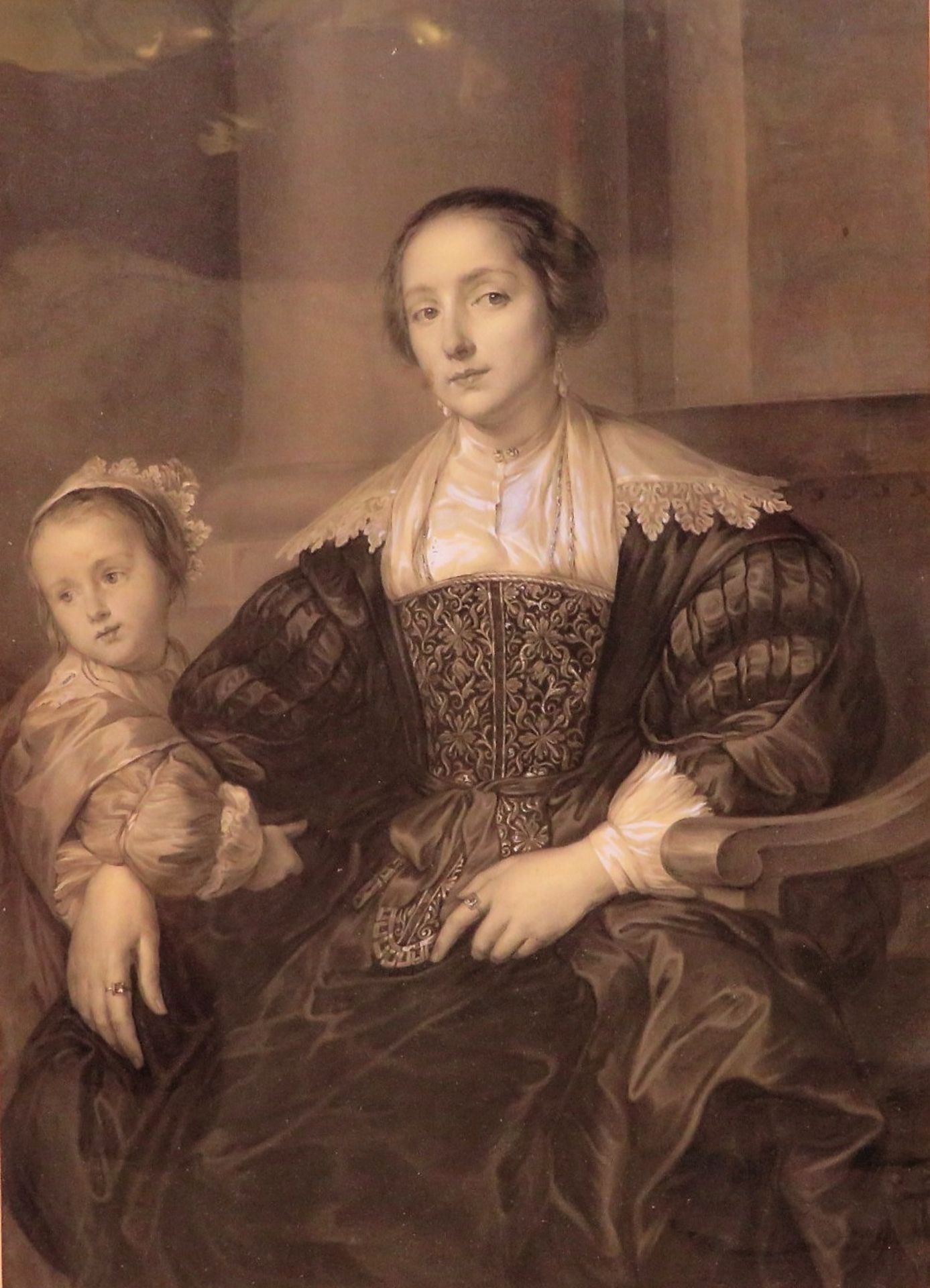 1. Hälfte 19. Jahrhundert, "Renaissance Dame mit Kind", feinste Aquarellmalerei Weiß gehöht, 40 x 2