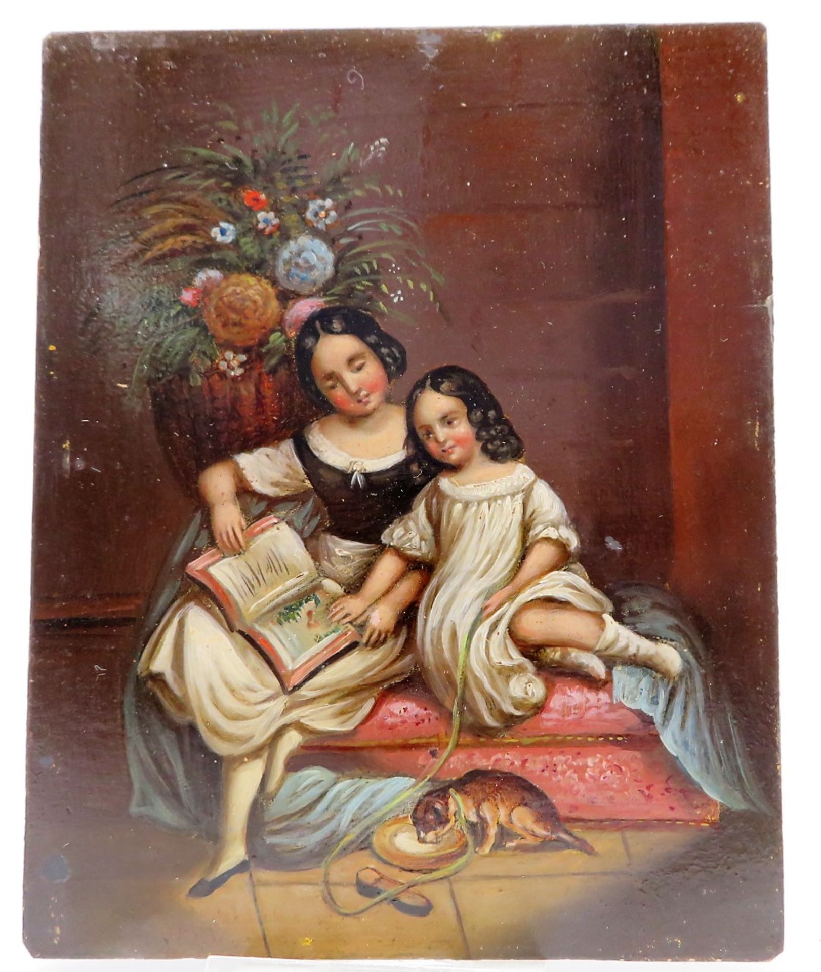 Unbekannt, Biedermeier, 1. Hälfte 19. Jahrhundert, "Zwei Mädchen beim Lesen", Öl/Blech, 13 x 10,5 c