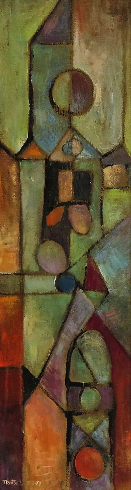 Trotter, "Moderne Komposition", li.u.sign.u.dat. (19)77, Öl/Malerpappe, 68 x 18,5 cm, R. [82 x 32,5 - Bild 2 aus 2