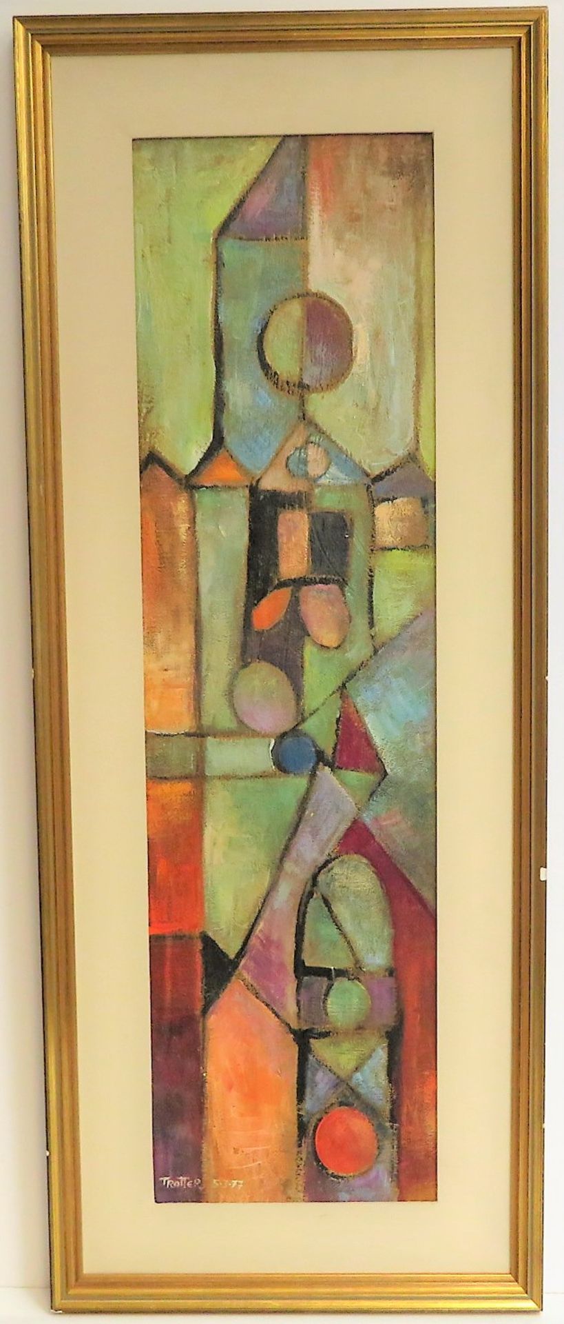 Trotter, "Moderne Komposition", li.u.sign.u.dat. (19)77, Öl/Malerpappe, 68 x 18,5 cm, R. [82 x 32,5