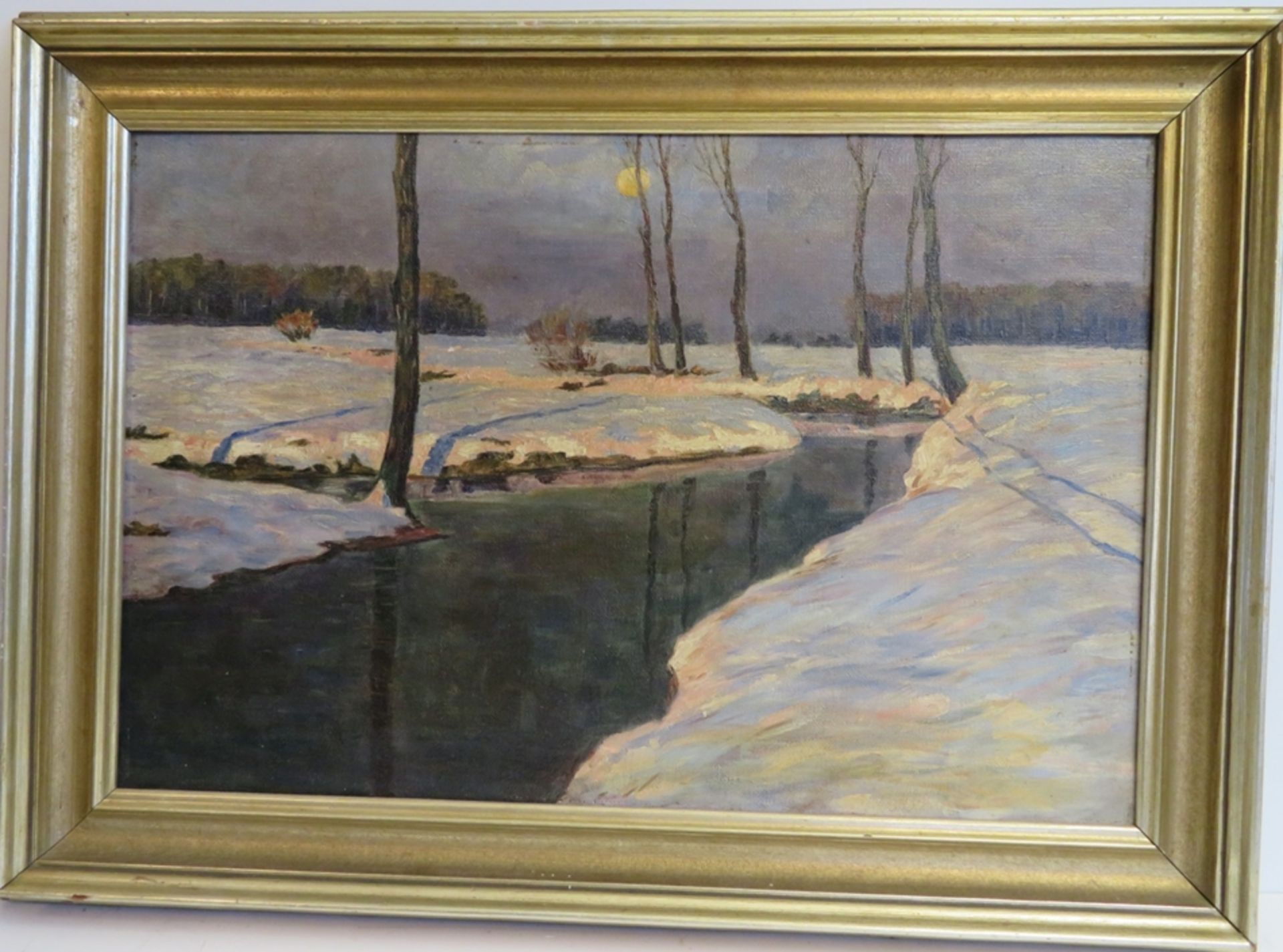 Kendziora, A., Maler um 1900, "Winterlicher Flusslauf bei Mondschein", verso sign., Öl/Leinwand, 38 - Bild 2 aus 2