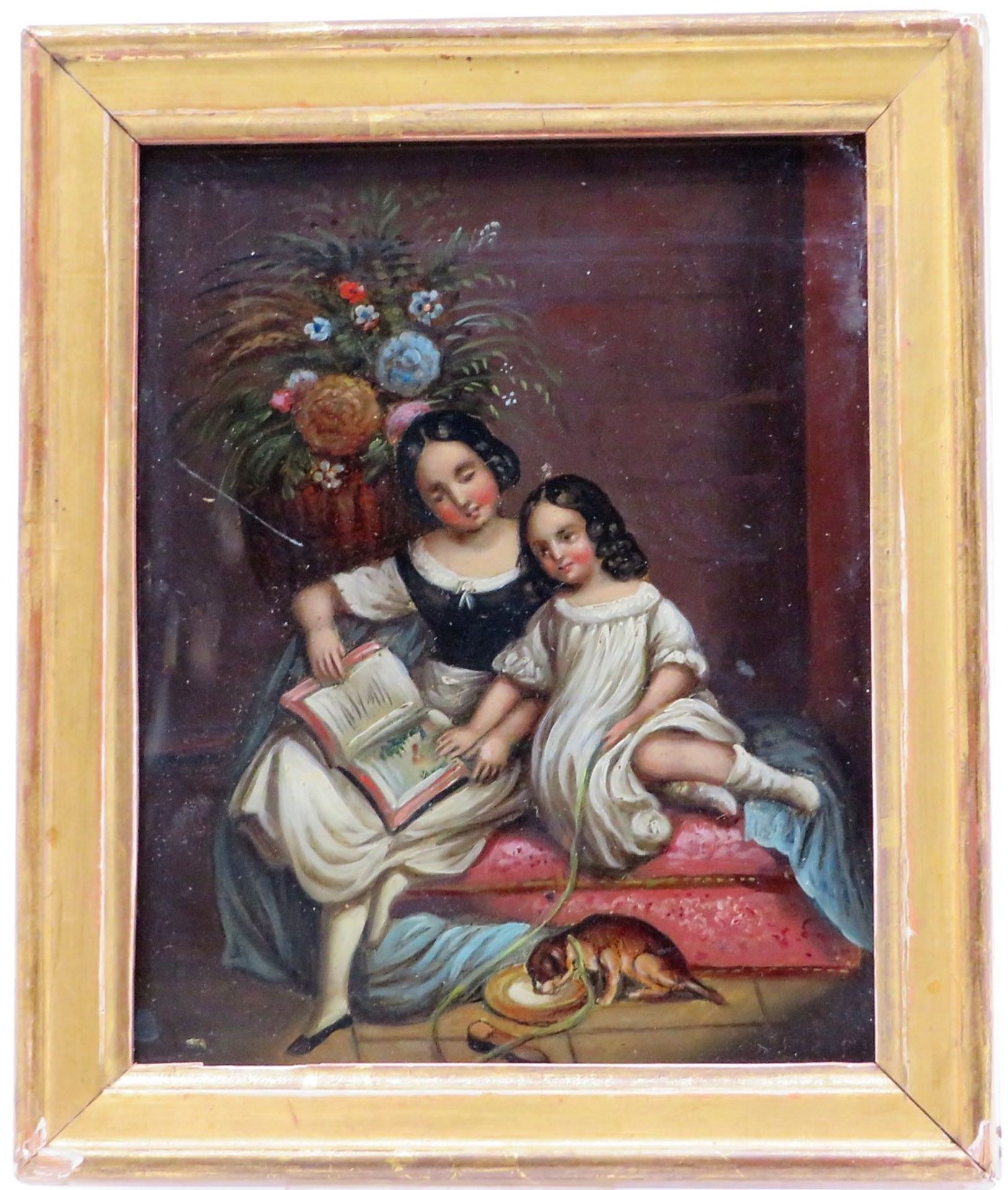 Unbekannt, Biedermeier, 1. Hälfte 19. Jahrhundert, "Zwei Mädchen beim Lesen", Öl/Blech, 13 x 10,5 c - Bild 2 aus 2